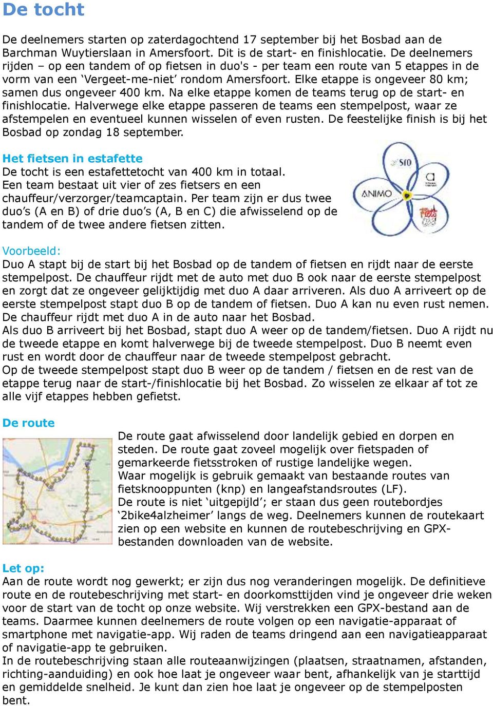 Elke etappe is ongeveer 80 km; samen dus ongeveer 400 km. Na elke etappe komen de teams terug op de start- en finishlocatie.