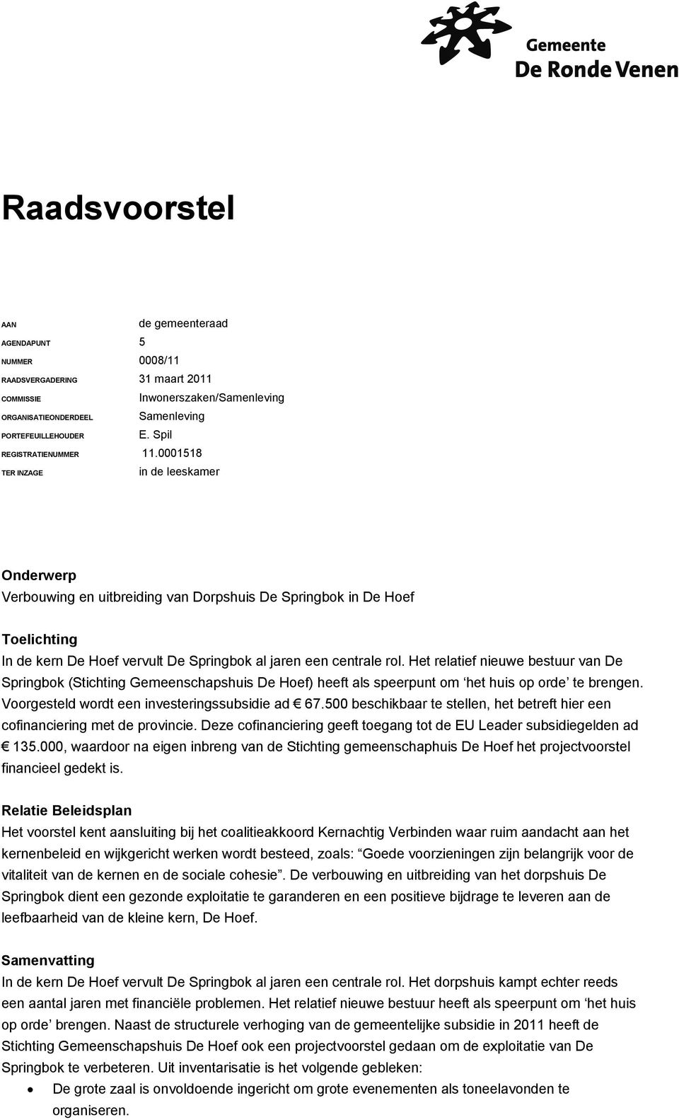 Spil in de leeskamer Onderwerp Verbouwing en uitbreiding van Dorpshuis De Springbok in De Hoef Toelichting In de kern De Hoef vervult De Springbok al jaren een centrale rol.