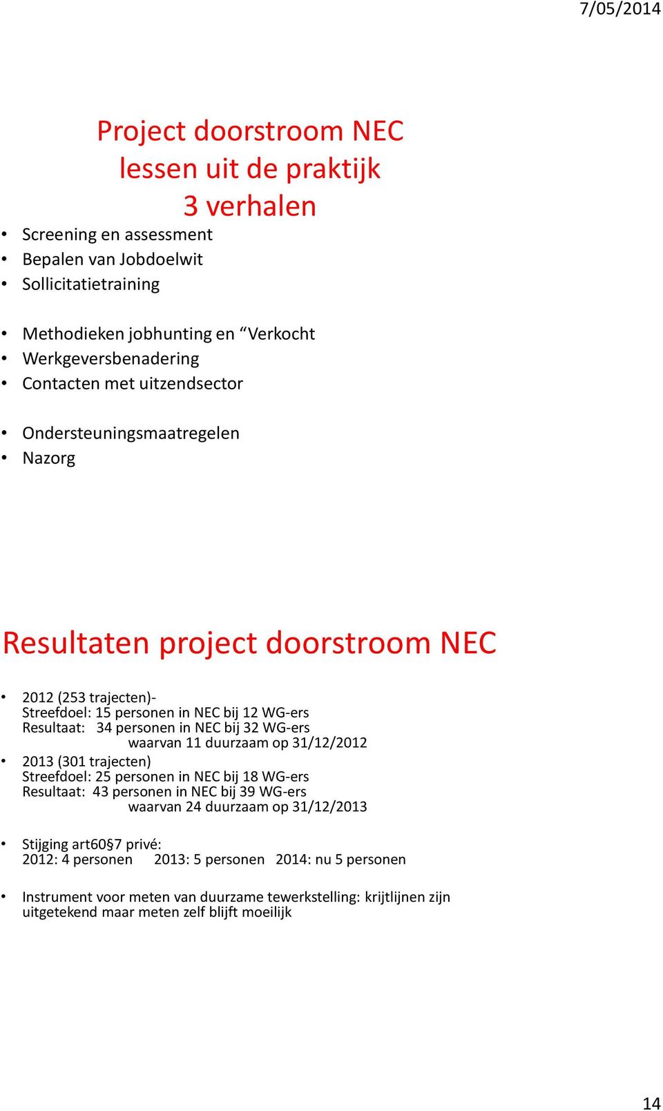 NEC bij 32 WG-ers waarvan 11 duurzaam op 31/12/2012 2013 (301 trajecten) Streefdoel: 25 personen in NEC bij 18 WG-ers Resultaat: 43 personen in NEC bij 39 WG-ers waarvan 24 duurzaam op