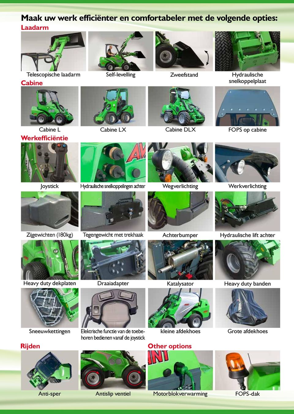 Tegengewicht met trekhaak Achterbumper Hydraulische lift achter Heavy duty dekplaten Draaiadapter Katalysator Heavy duty banden Sneeuwkettingen Rijden