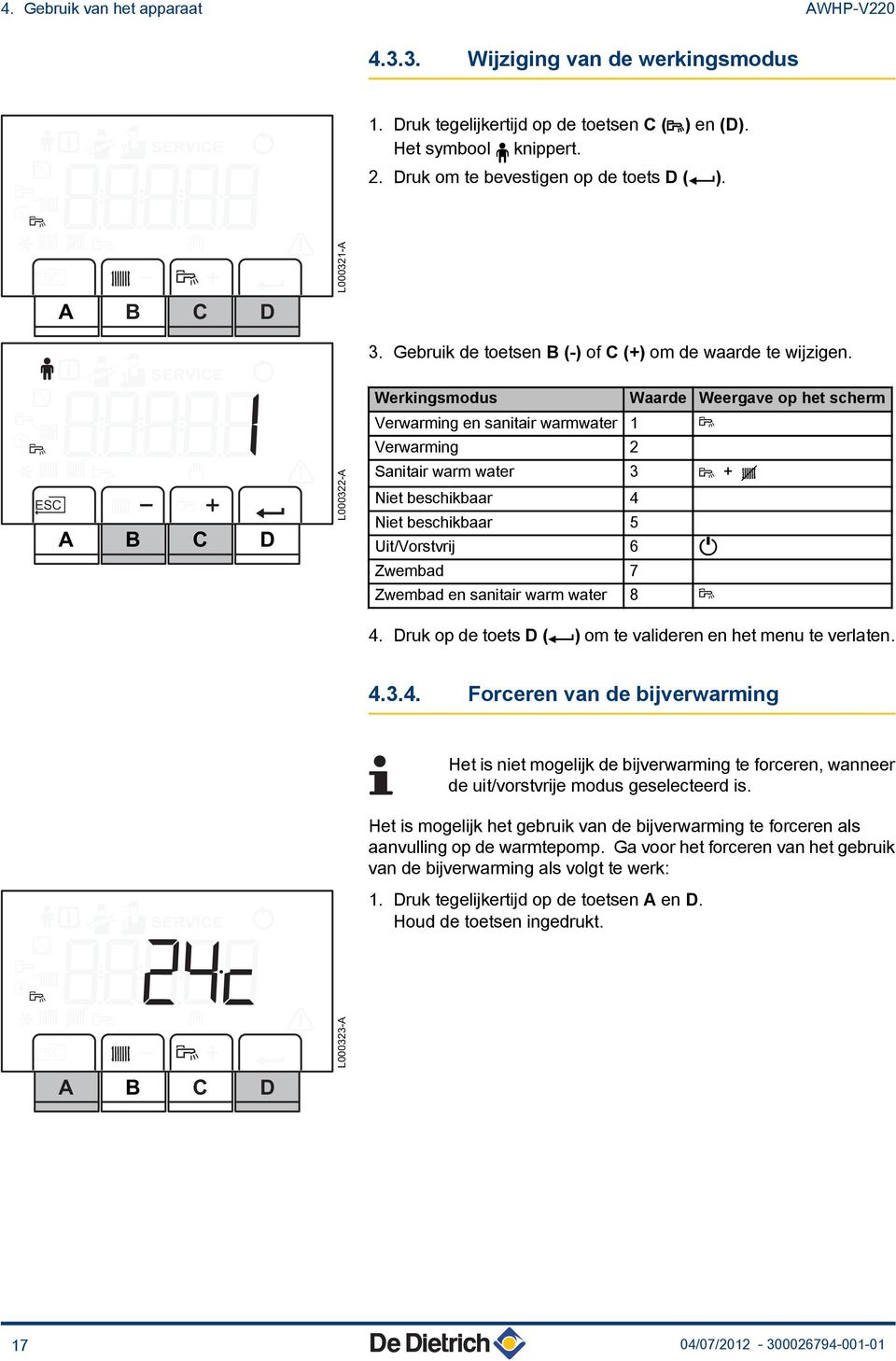 Werkingsmodus Waarde Weergave op het scherm Verwarming en sanitair warmwater 1 r Verwarming 2 Sanitair warm water 3 r + D Niet beschikbaar 4 Niet beschikbaar 5 Uit/Vorstvrij 6 / Zwembad 7 Zwembad en