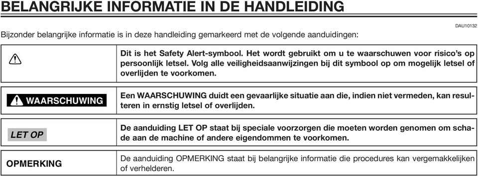 WAARSCHUWING LET OP OPMERKING Een WAARSCHUWING duidt een gevaarlijke situatie aan die, indien niet vermeden, kan resulteren in ernstig letsel of overlijden.