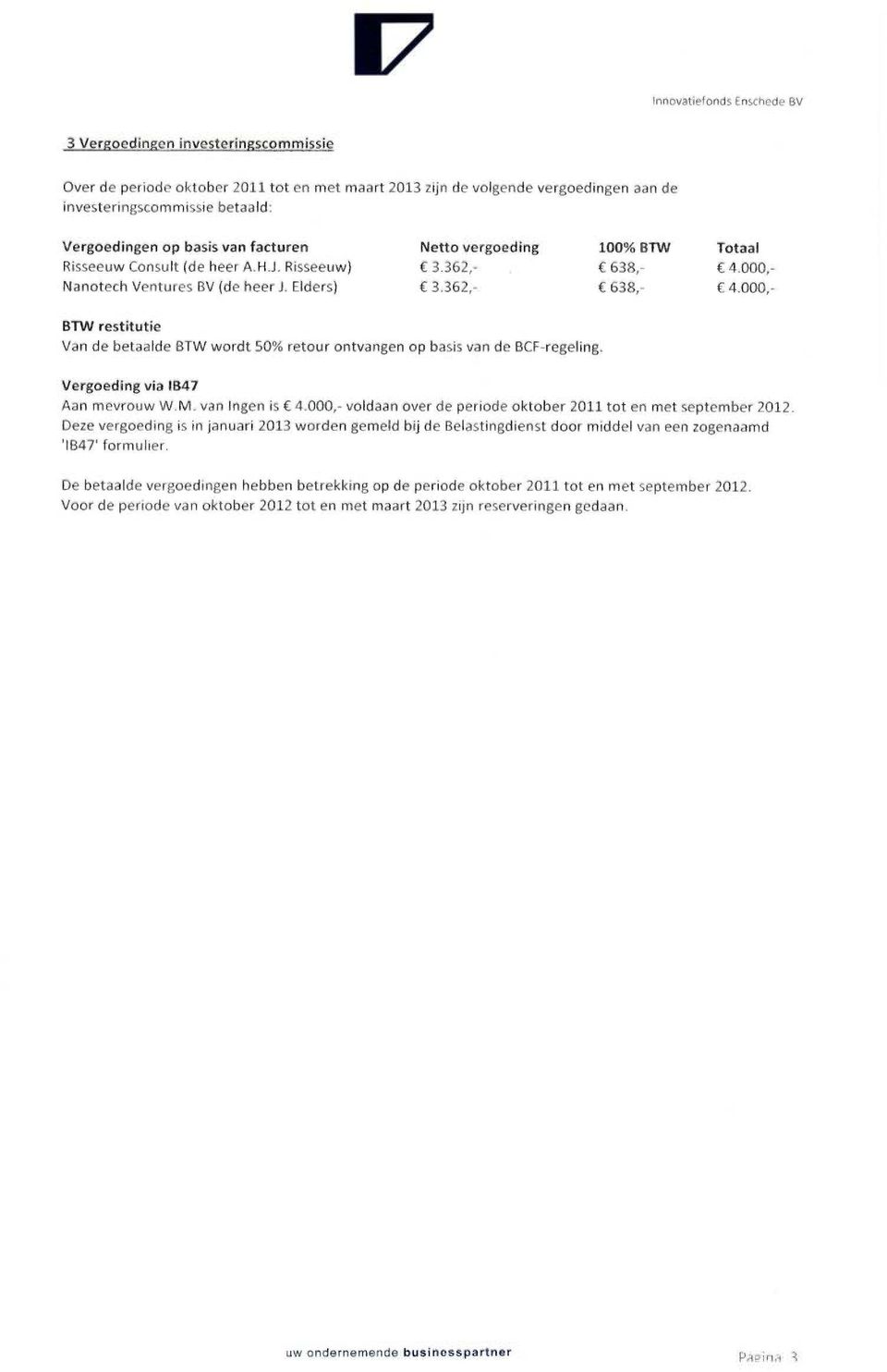 000,- Nanotech Ventures BV (de heer J. Elders) C 3.362,- 638,- C 4.000,- BTW restitutie Van de betaalde BTW wordt 50% retour ontvangen op basis van de BCF-regeling. Vergoeding via 1B47 Aan mevrouw W.