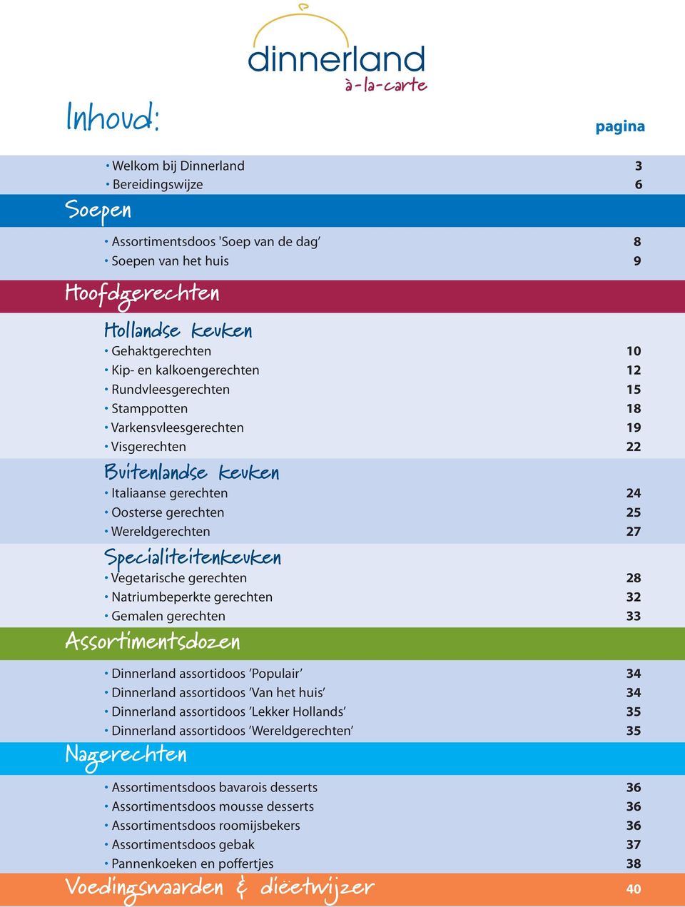 Specialiteitenkeuken Vegetarische gerechten 28 Natriumbeperkte gerechten 32 Gemalen gerechten 33 Assortimentsdozen Dinnerland assortidoos Populair 34 Dinnerland assortidoos Van het huis 34 Dinnerland