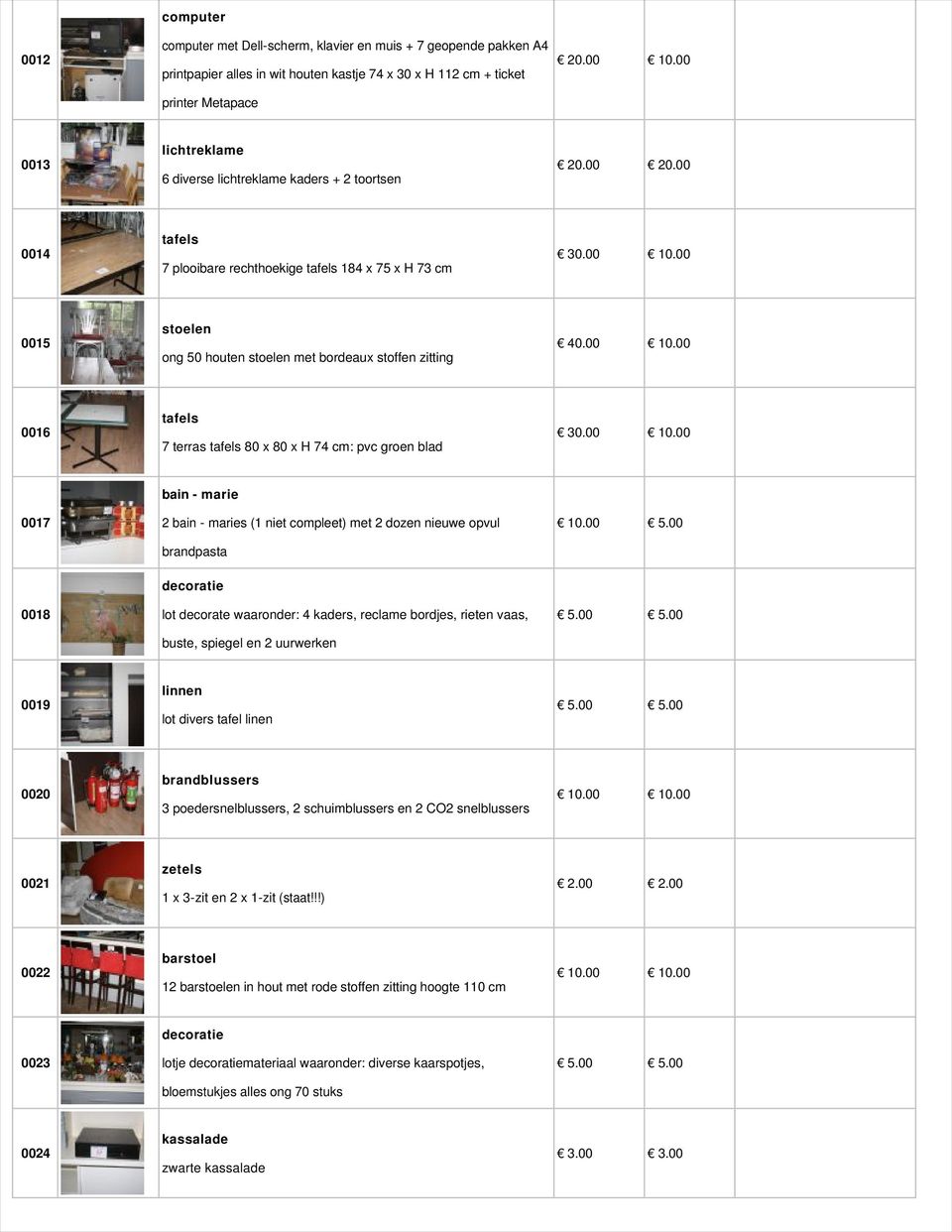 00 0016 tafels 7 terras tafels 80 x 80 x H 74 cm: pvc groen blad 0017 bain - marie 2 bain - maries (1 niet compleet) met 2 dozen nieuwe opvul brandpasta 10.00 5.