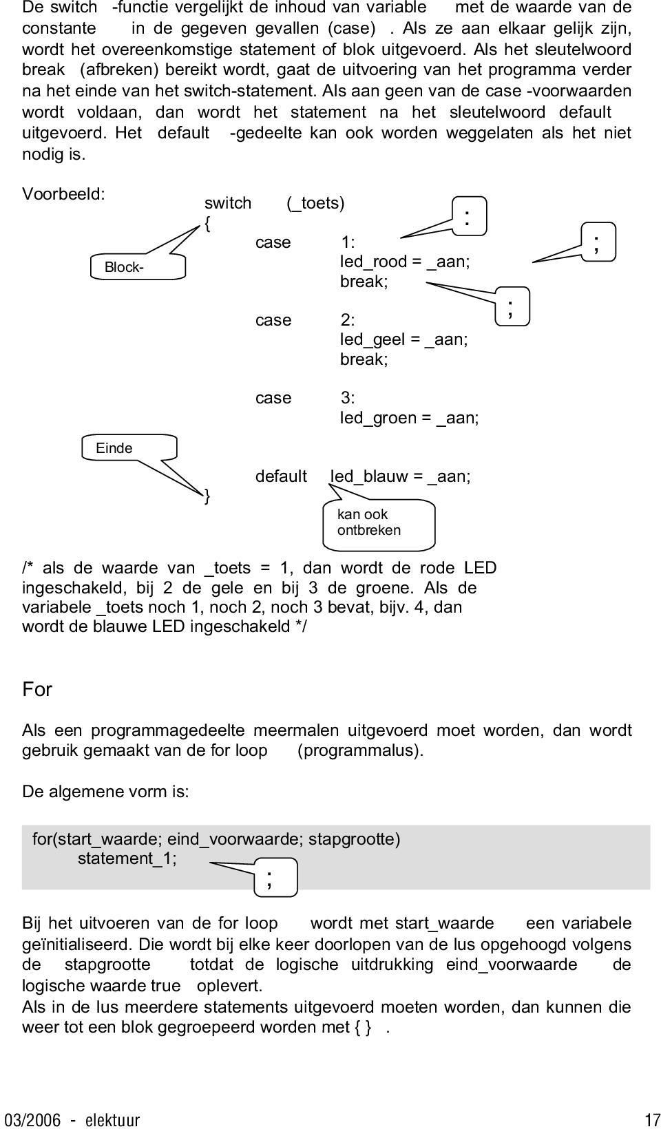 Als het sleutelwoord break (afbreken) bereikt wordt, gaat de uitvoering van het programma verder na het einde van het switch-statement.