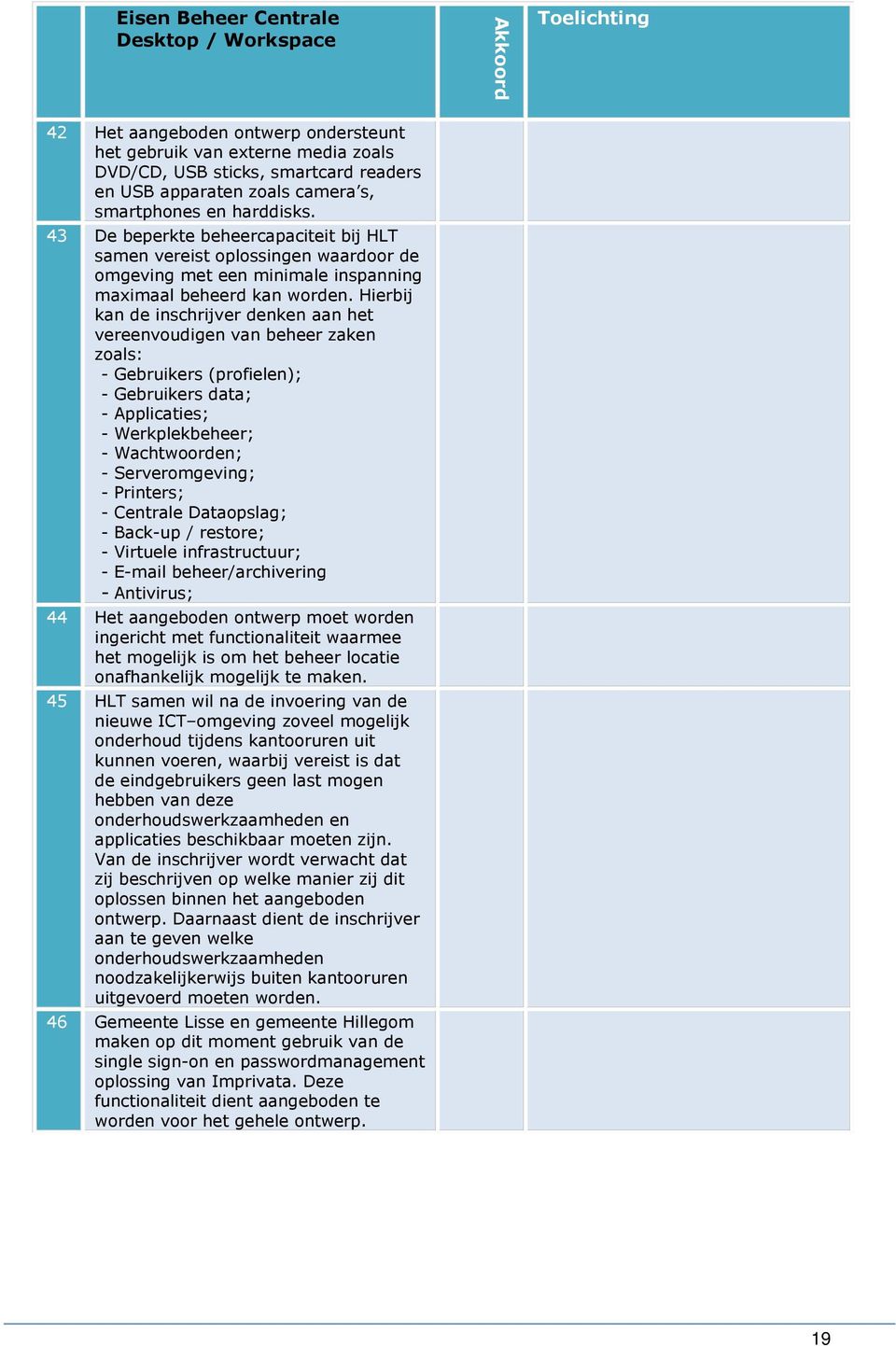 Hierbij kan de inschrijver denken aan het vereenvoudigen van beheer zaken zoals: - Gebruikers (profielen); - Gebruikers data; - Applicaties; - Werkplekbeheer; - Wachtwoorden; - Serveromgeving; -