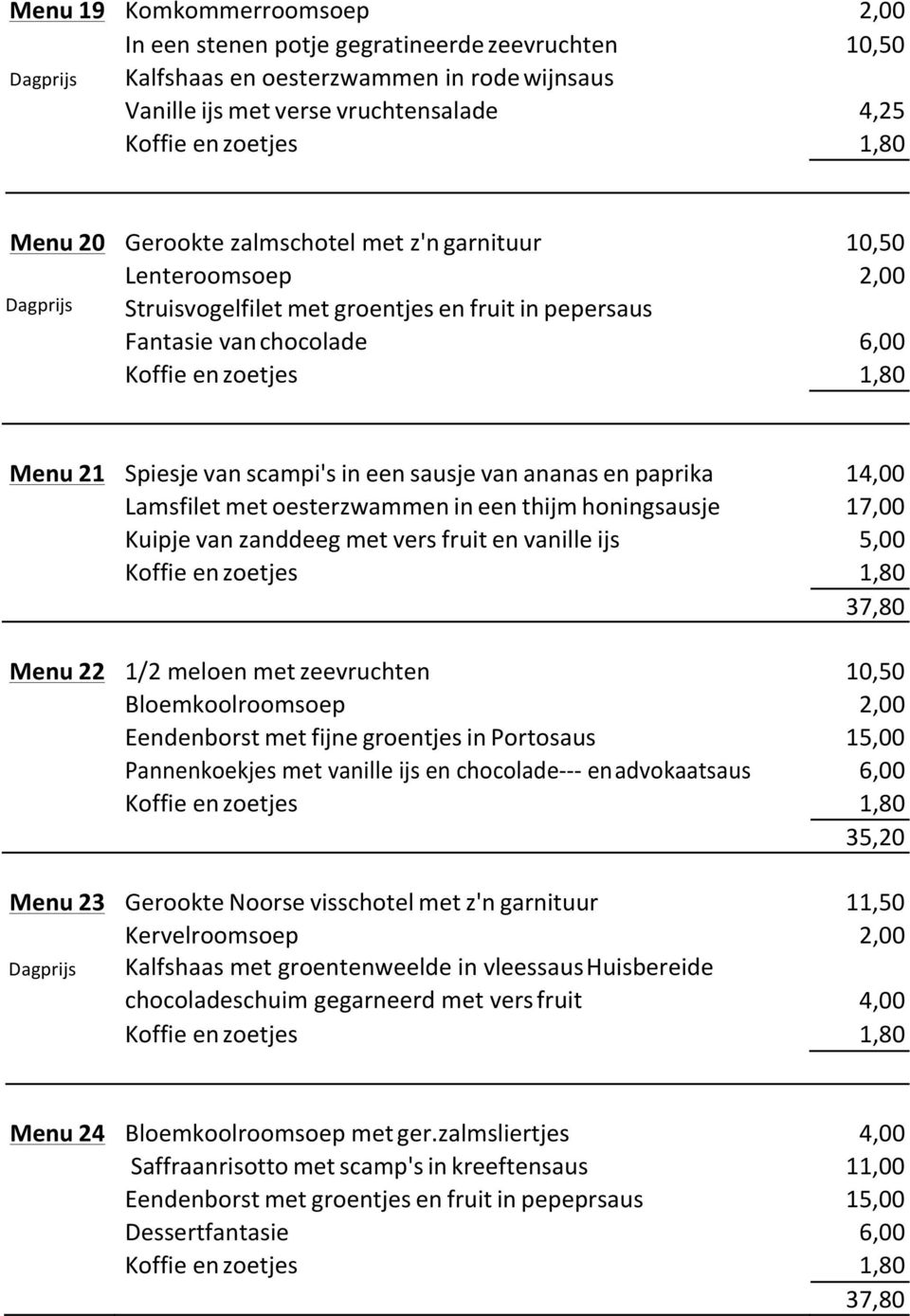 oesterzwammen in een thijm honingsausje Kuipje van zanddeeg met vers fruit en vanille ijs Menu 22 1/2 meloen met zeevruchten Bloemkoolroomsoep Eendenborst met fijne groentjes in Portosaus