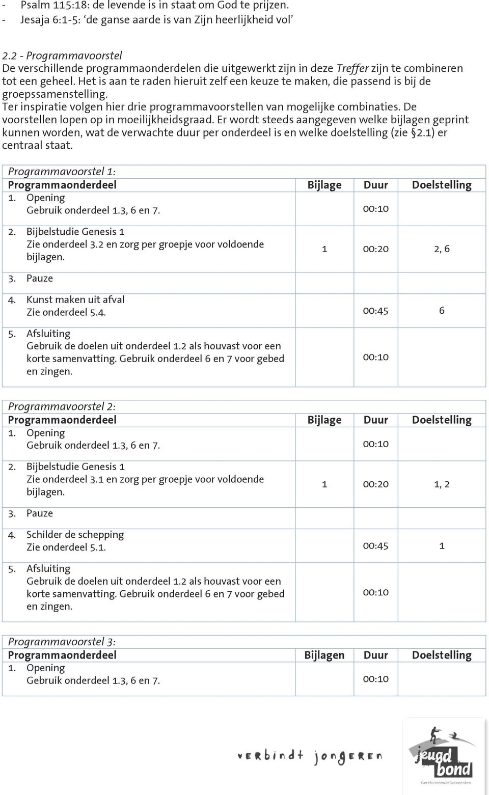 Het is aan te raden hieruit zelf een keuze te maken, die passend is bij de groepssamenstelling. Ter inspiratie volgen hier drie programmavoorstellen van mogelijke combinaties.