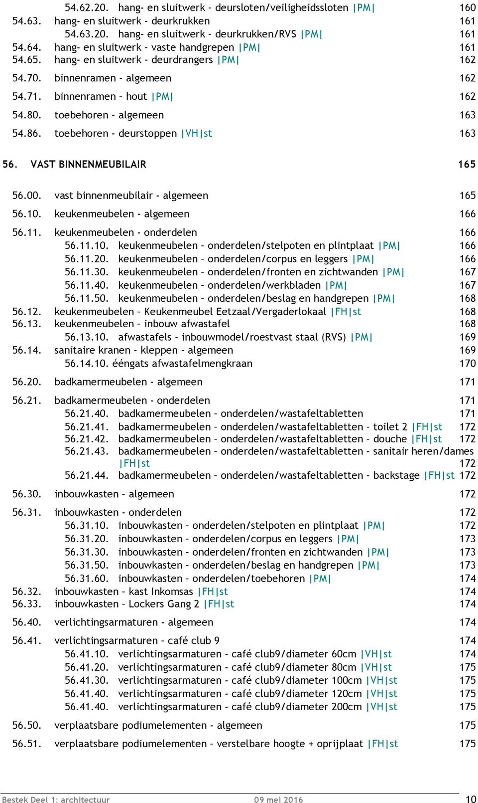 toebehoren - deurstoppen VH st 163 56. VAST BINNENMEUBILAIR 165 56.00. vast binnenmeubilair - algemeen 165 56.10. keukenmeubelen - algemeen 166 56.11. keukenmeubelen - onderdelen 166 56.11.10. keukenmeubelen onderdelen/stelpoten en plintplaat PM 166 56.