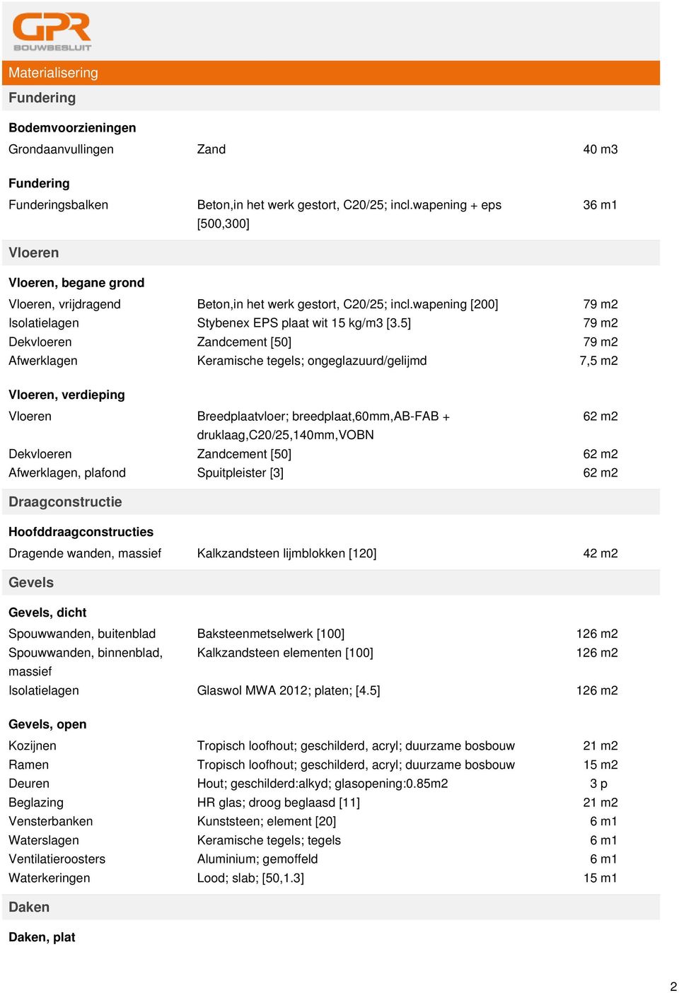 5] 79 m2 Dekvloeren Zandcement [50] 79 m2 Afwerklagen Keramische tegels; ongeglazuurd/gelijmd 7,5 m2 Vloeren, verdieping Vloeren Breedplaatvloer; breedplaat,60mm,ab-fab + 62 m2