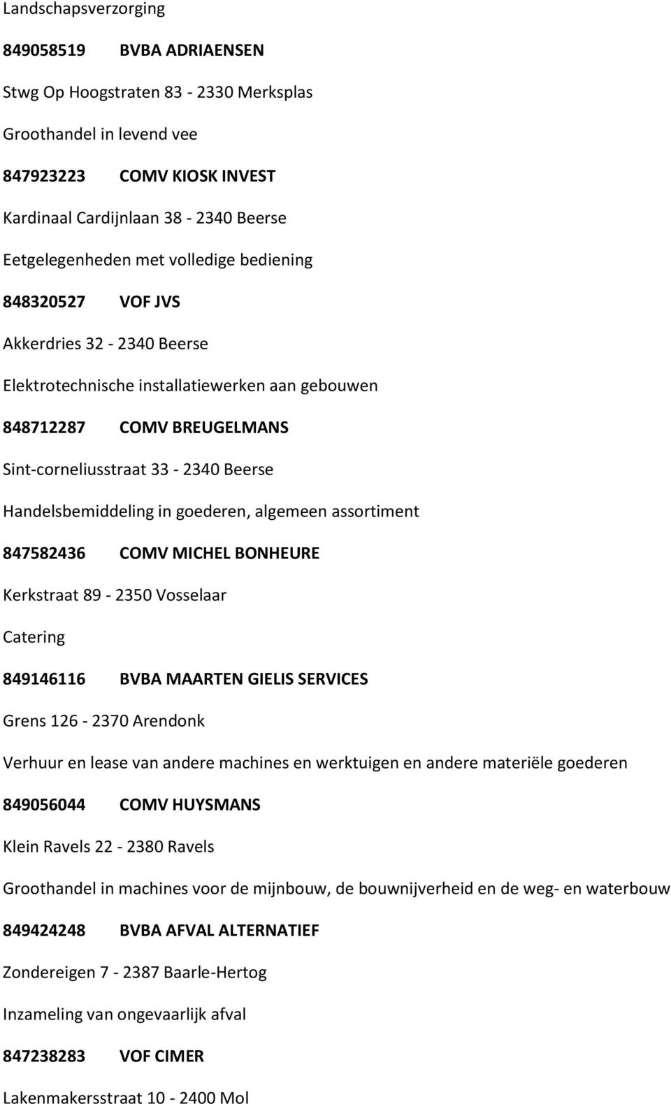 goederen, algemeen assortiment 847582436 COMV MICHEL BONHEURE Kerkstraat 89-2350 Vosselaar Catering 849146116 BVBA MAARTEN GIELIS SERVICES Grens 126-2370 Arendonk Verhuur en lease van andere machines