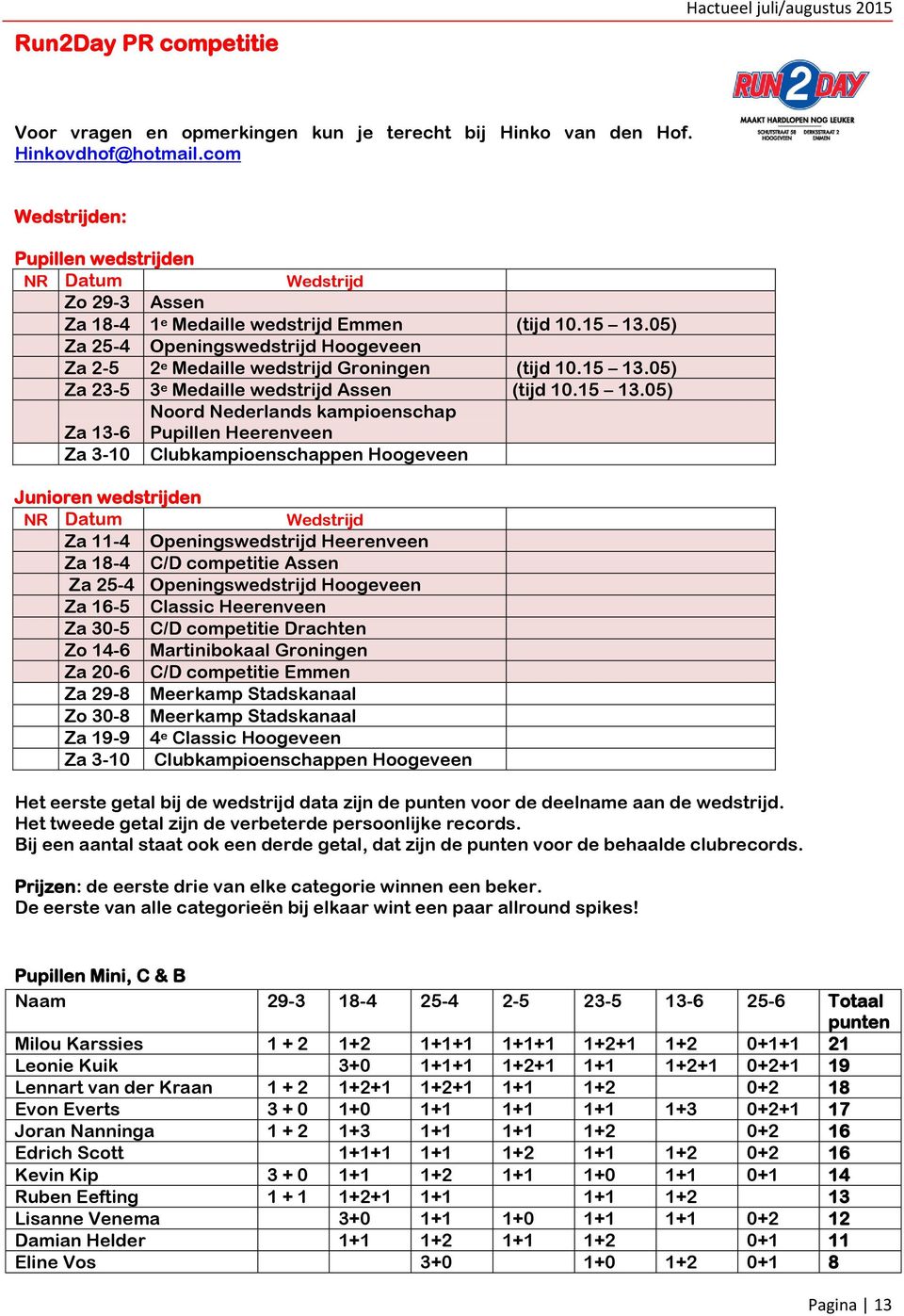 05) Za 25-4 Openingswedstrijd Hoogeveen Za 2-5 2 e Medaille wedstrijd Groningen (tijd 10.15 13.