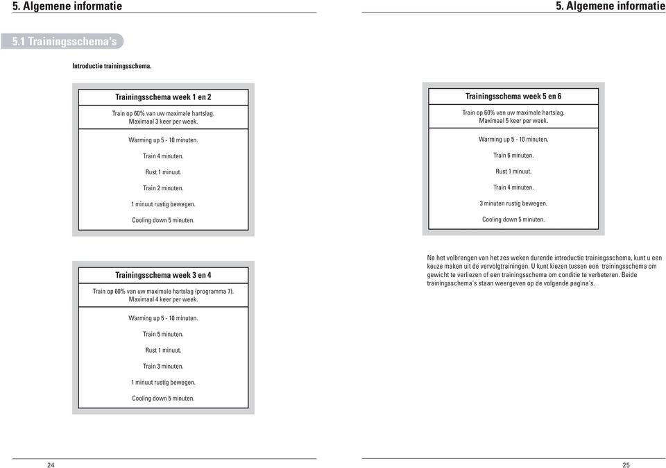 Maximaal 5 keer per week. Warming up 5-10 minuten. Train 6 minuten. Rust 1 minuut. Train 4 minuten. 3 minuten rustig bewegen. Cooling down 5 minuten.