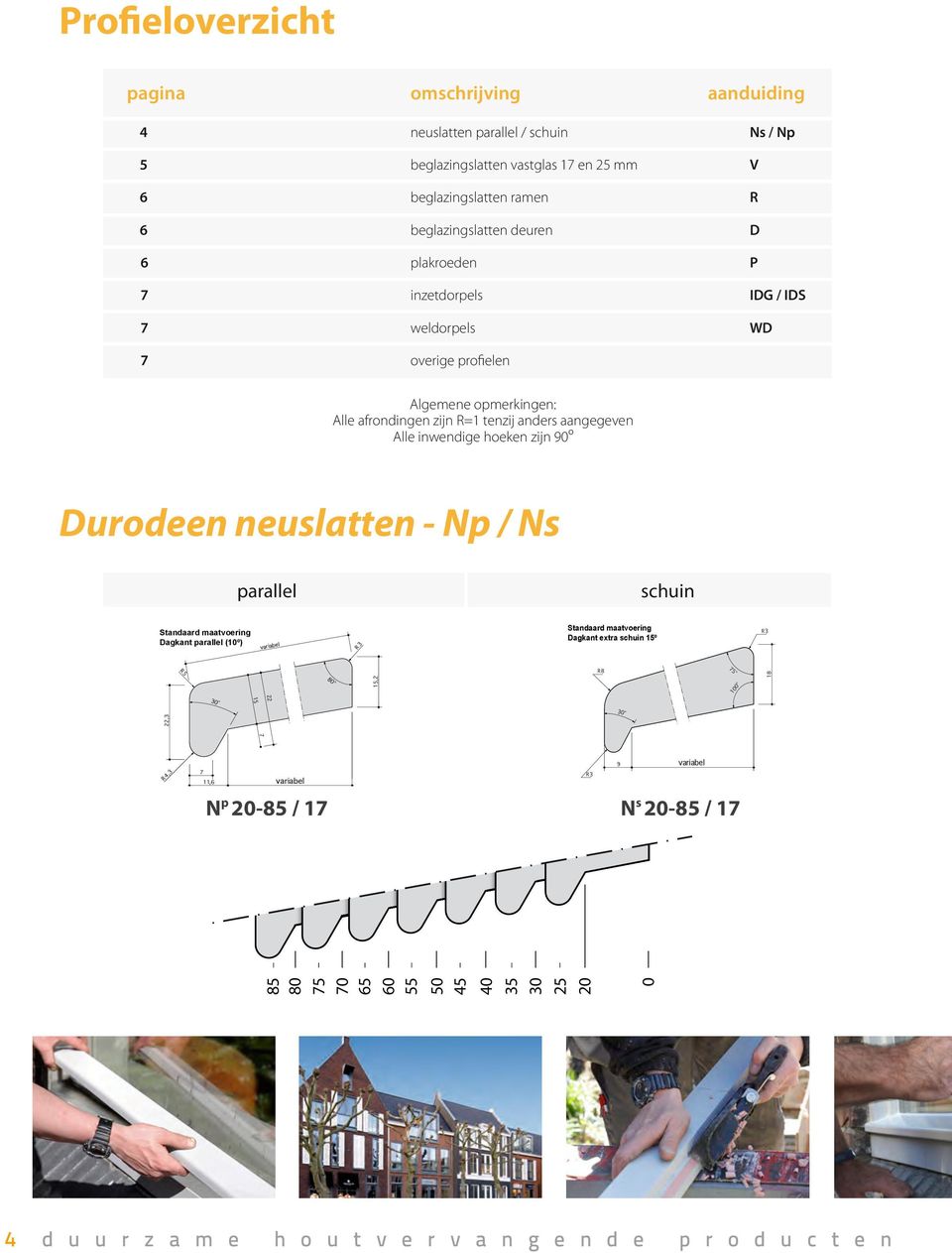 aangegeven Alle inwendige hoeken zijn 90º Durodeen neuslatten - Np / Ns parallel schuin Standaard maatvoering Dagkant parallel (10º) Standaard maatvoering