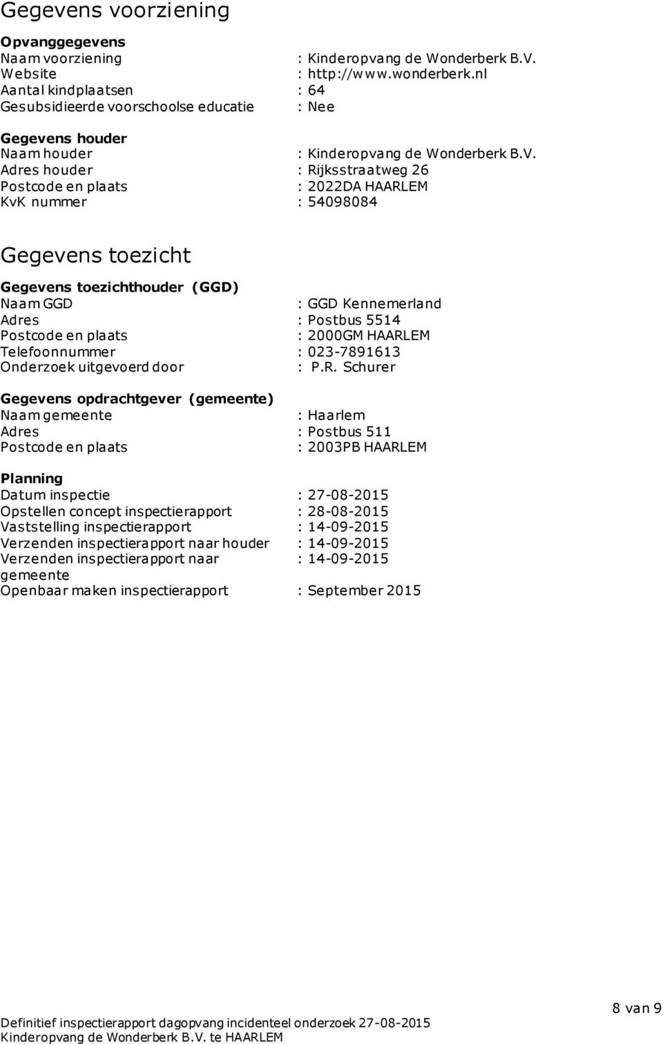 Adres houder : Rijksstraatweg 26 Postcode en plaats : 2022DA HAARLEM KvK nummer : 54098084 Gegevens toezicht Gegevens toezichthouder (GGD) Naam GGD : GGD Kennemerland Adres : Postbus 5514 Postcode en