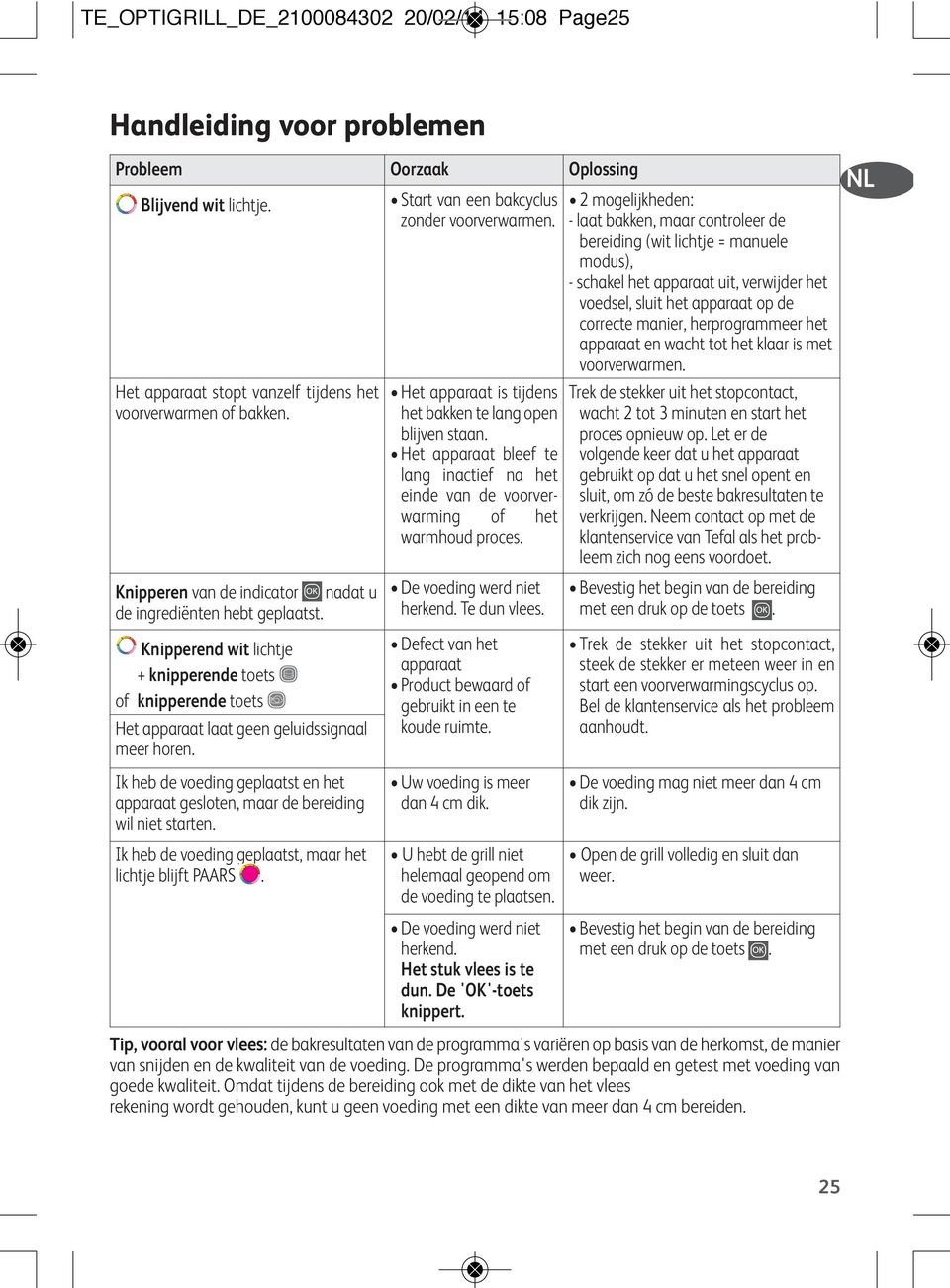 Ik heb de voeding geplaatst en het apparaat gesloten, maar de bereiding wil niet starten. Ik heb de voeding geplaatst, maar het lichtje blijft PAARS. Start van een bakcyclus zonder voorverwarmen.