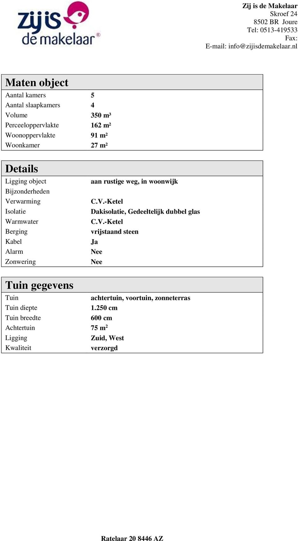 C.V.-Ketel Dakisolatie, Gedeeltelijk dubbel glas C.V.-Ketel vrijstaand steen Ja Nee Nee Tuin gegevens Tuin achtertuin, voortuin, zonneterras Tuin diepte 1.