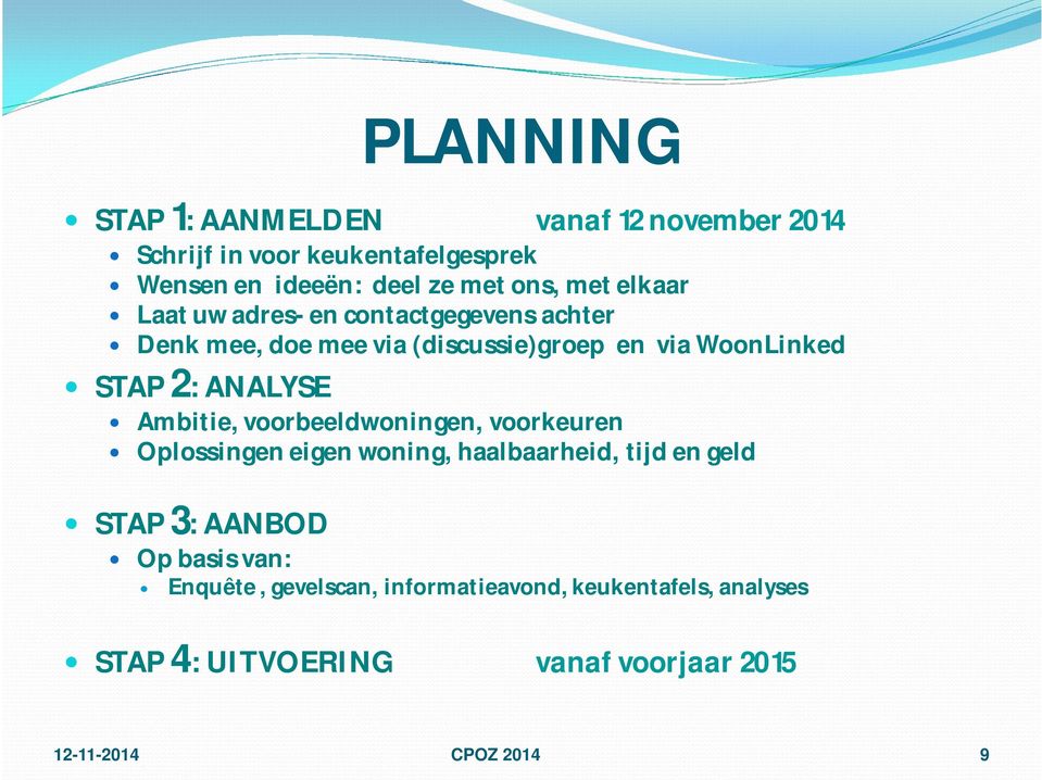 ANALYSE Ambitie, voorbeeldwoningen, voorkeuren Oplossingen eigen woning, haalbaarheid, tijd en geld STAP 3: AANBOD Op