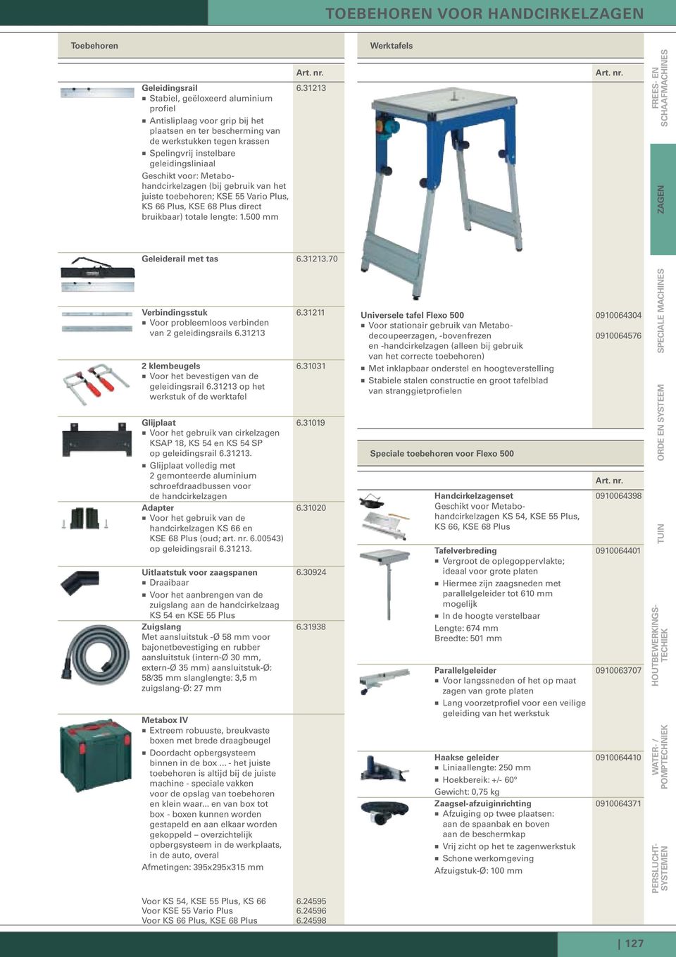 Metabohandcirkelzagen (bij gebruik van het juiste toebehoren; KSE 55 Vario Plus, KS 66 Plus, KSE 68 Plus direct bruikbaar) totale lengte: 1.500 mm Geleiderail met tas 6.31213.