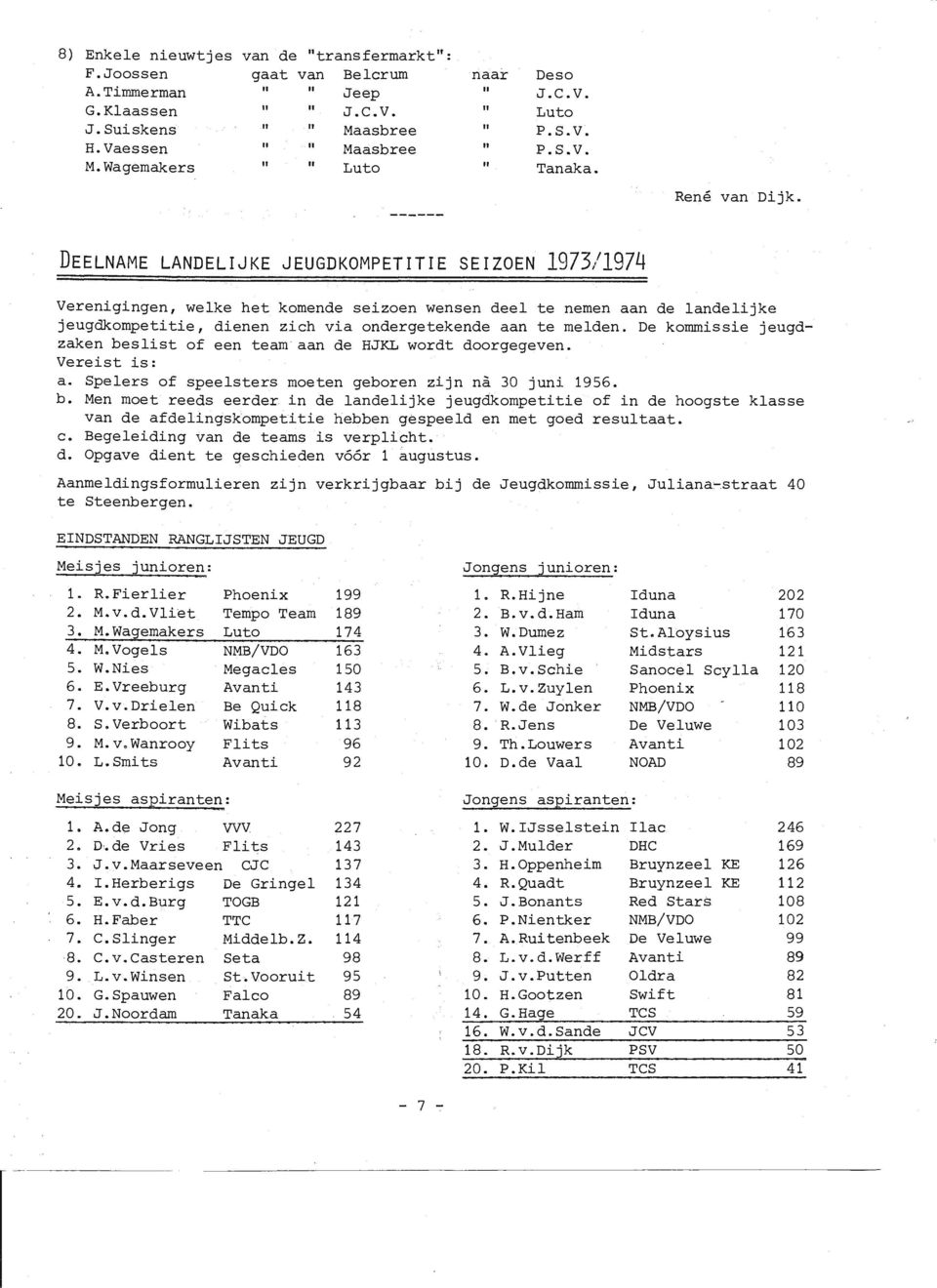 DEELNAME LANDELI JKE JEUGDKOMPETITIE SEIZOEN 1973/1974 Verenigingen, welke het komende seizoen wensen deel te nemen aan de landelijke jeugdkompetitie, dienen zich via ondergetekende aan te melden.