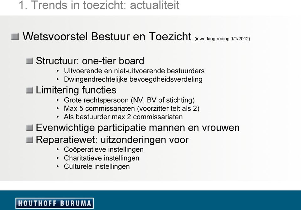 Limitering functies Grote rechtspersoon (NV, BV of stichting) Max 5 commissariaten (voorzitter telt als 2) Als bestuurder max