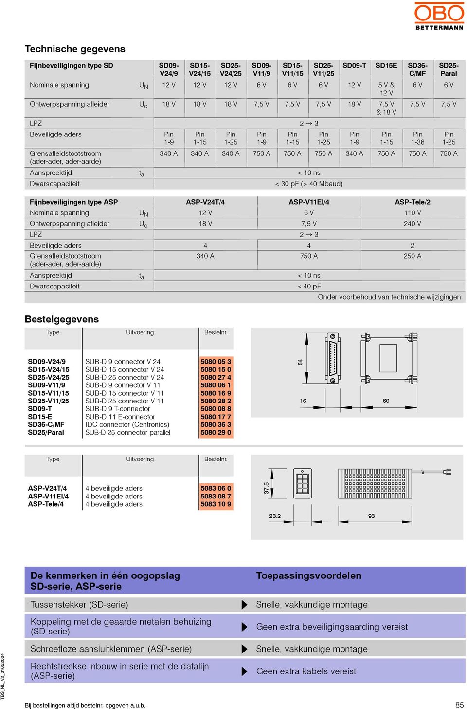 340 A 340 A 750 A 750 A 750 A 340 A 750 A 750 A 750 A (ader-ader, ader-aarde) Aanspreektijd t a <10ns warscapaciteit <30pF(>40Mbaud) Fijnbeveiligingen type ASP ASP-V24T/4 ASP-V11EI/4 ASP-Tele/2