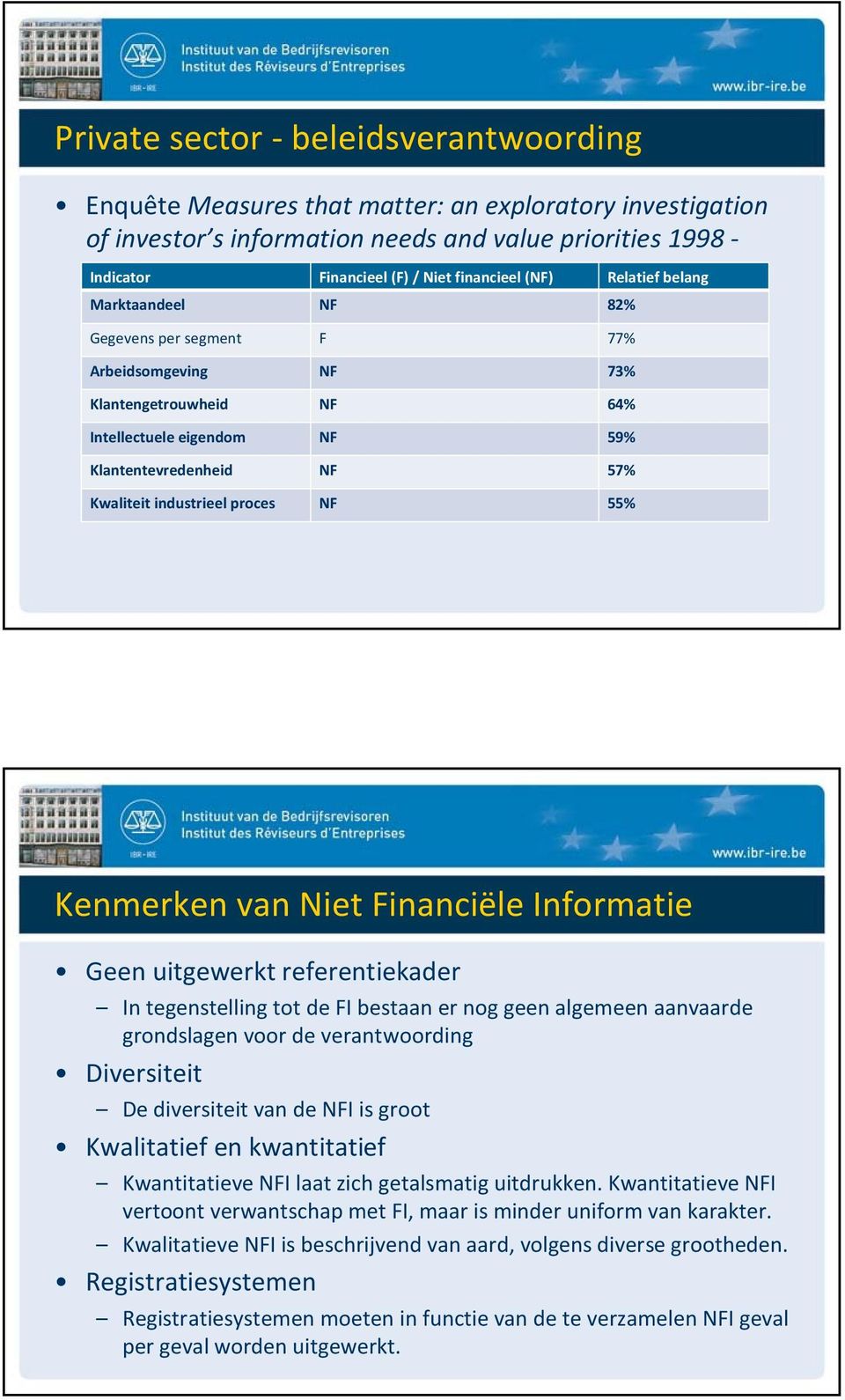 industrieel proces NF 55% Kenmerken van Niet Financiële Informatie Geen uitgewerkt referentiekader In tegenstelling tot de FI bestaan er nog geen algemeen aanvaarde grondslagen voor de verantwoording