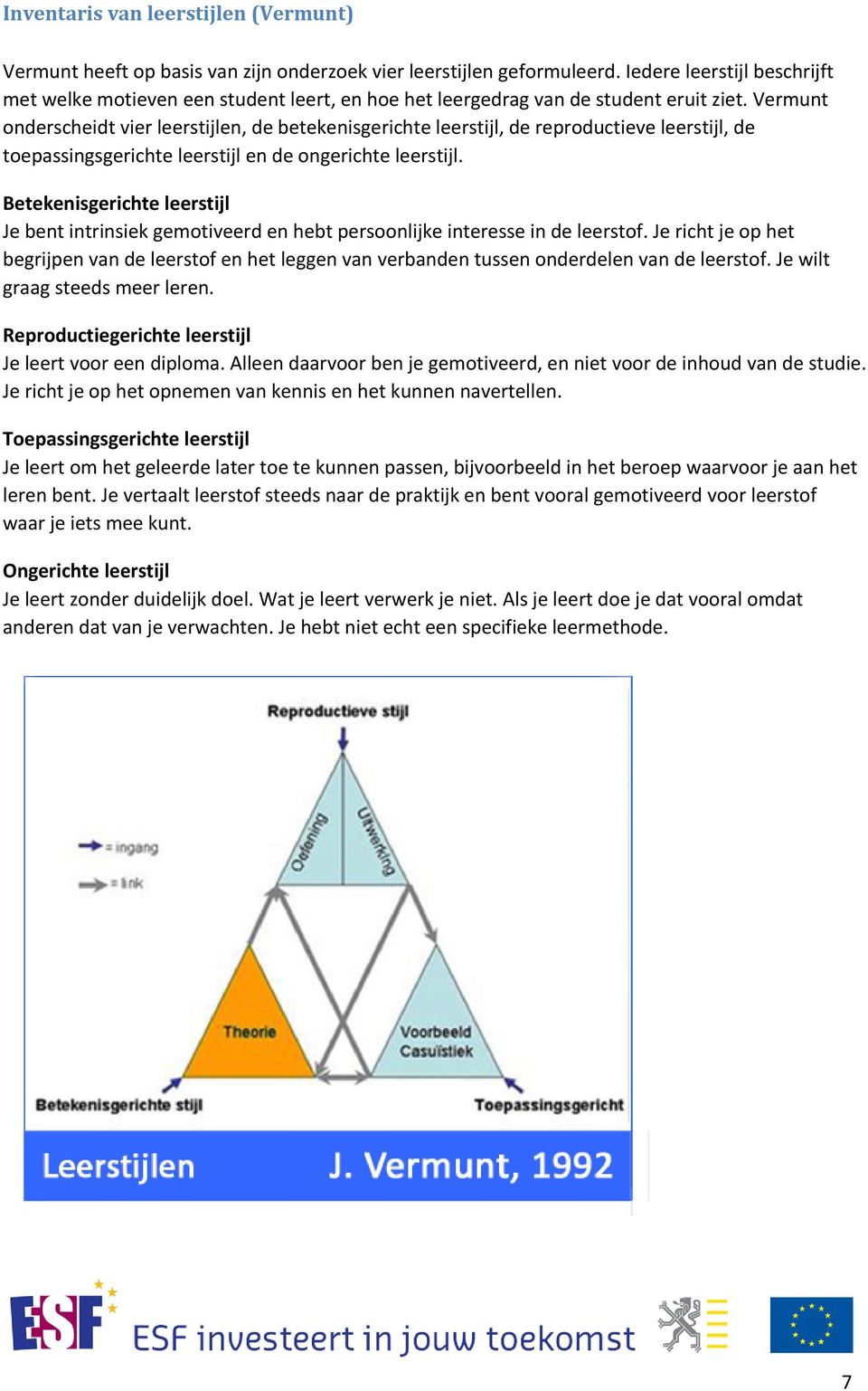 Vermunt onderscheidt vier leerstijlen, de betekenisgerichte leerstijl, de reproductieve leerstijl, de toepassingsgerichte leerstijl en de ongerichte leerstijl.