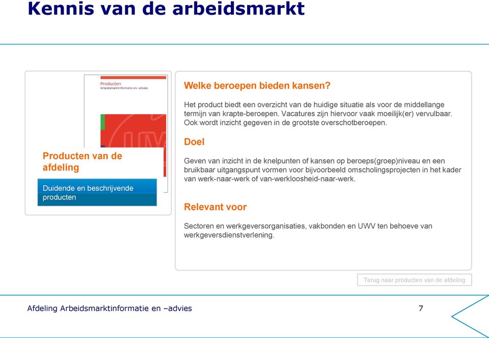 Geven van inzicht in de knelpunten of kansen op beroeps(groep)niveau en een bruikbaar uitgangspunt vormen voor bijvoorbeeld omscholingsprojecten in het