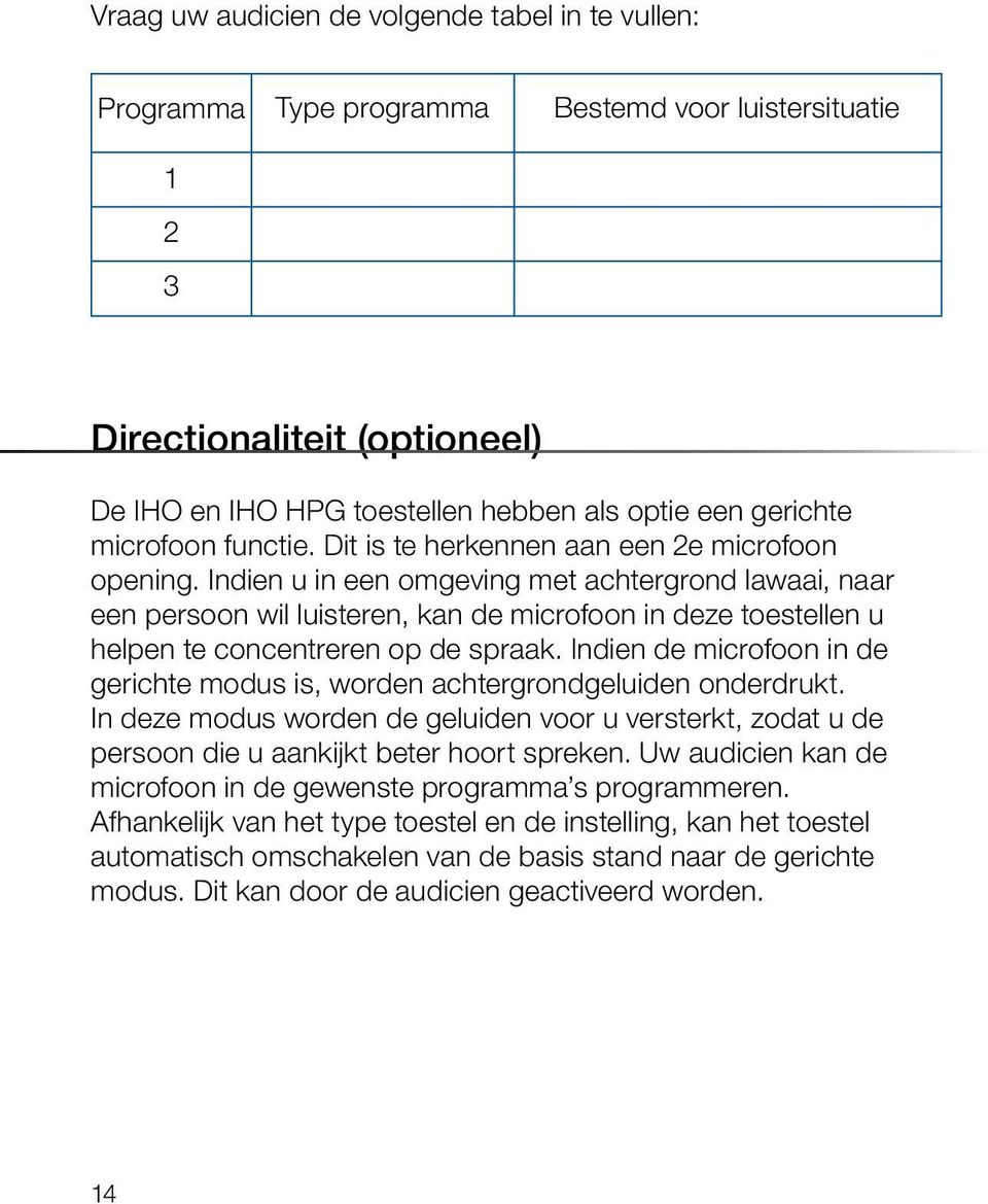 Indien u in een omgeving met achtergrond lawaai, naar een persoon wil luisteren, kan de microfoon in deze toestellen u helpen te concentreren op de spraak.