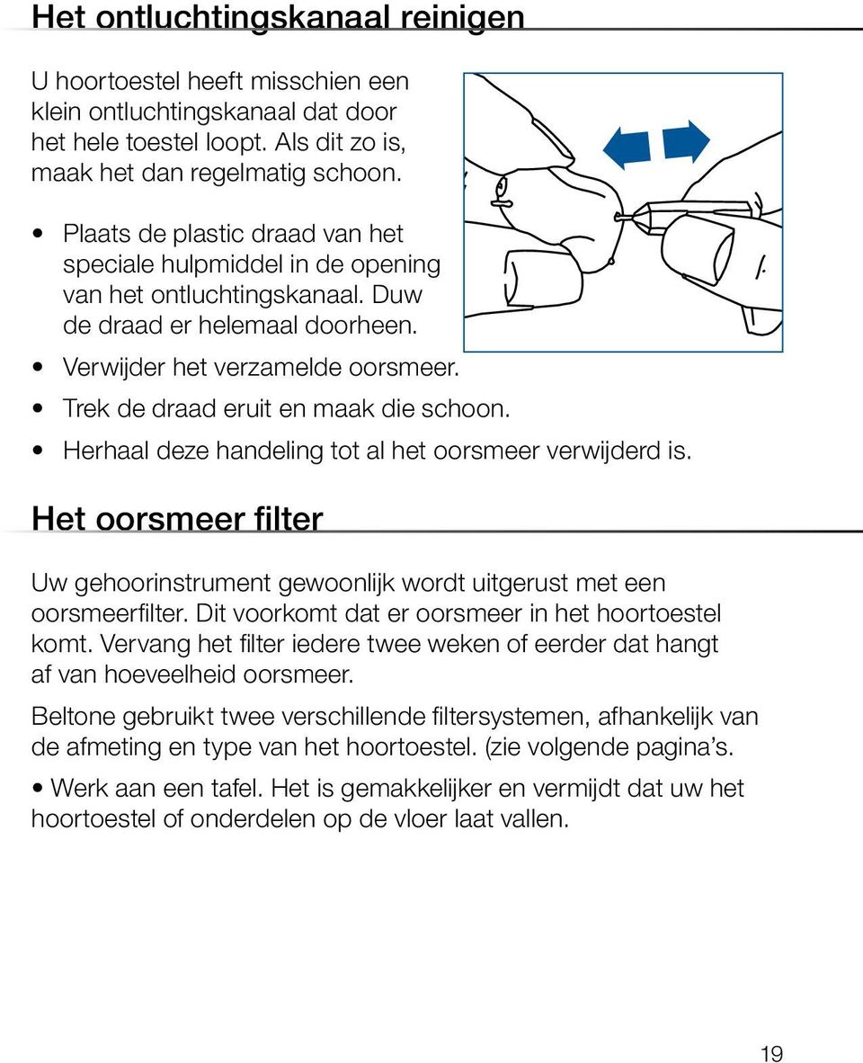 Trek de draad eruit en maak die schoon. Herhaal deze handeling tot al het oorsmeer verwijderd is. Het oorsmeer filter Uw gehoorinstrument gewoonlijk wordt uitgerust met een oorsmeerfilter.