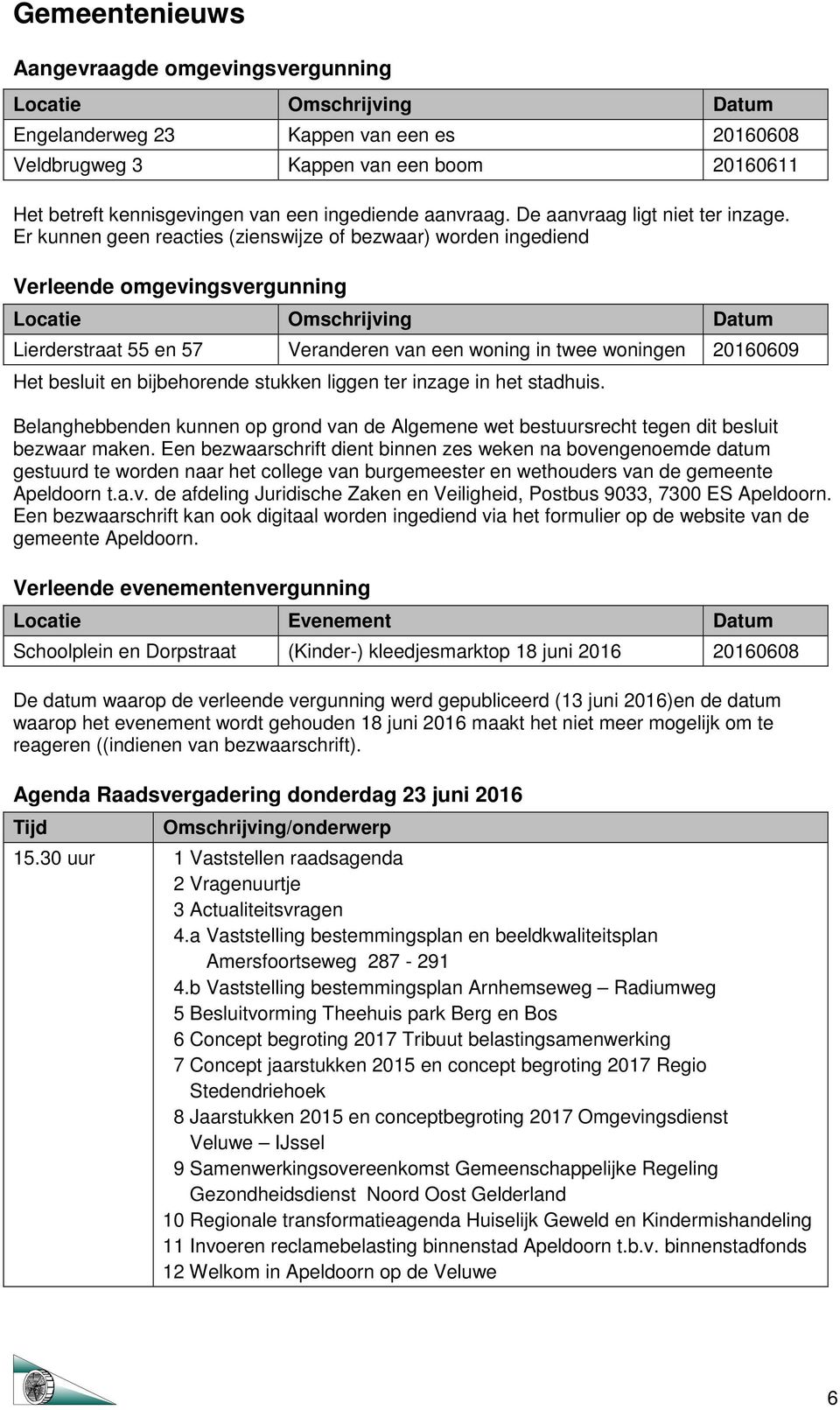 Er kunnen geen reacties (zienswijze of bezwaar) worden ingediend Verleende omgevingsvergunning Locatie Omschrijving Datum Lierderstraat 55 en 57 Veranderen van een woning in twee woningen 20160609