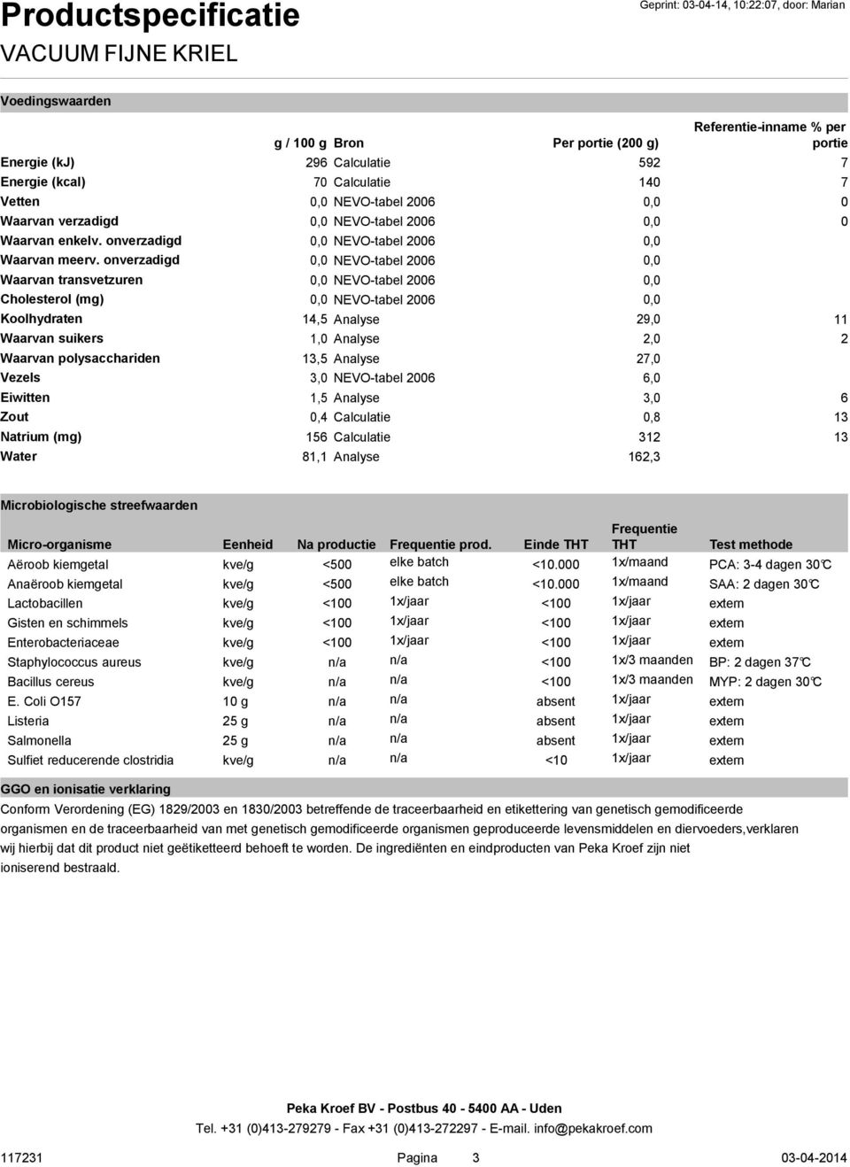 onverzadigd 0,0 NEVO-tabel 2006 0,0 Waarvan transvetzuren 0,0 NEVO-tabel 2006 0,0 Cholesterol (mg) 0,0 NEVO-tabel 2006 0,0 Koolhydraten 14,5 Analyse 29,0 11 Waarvan suikers 1,0 Analyse 2,0 2 Waarvan