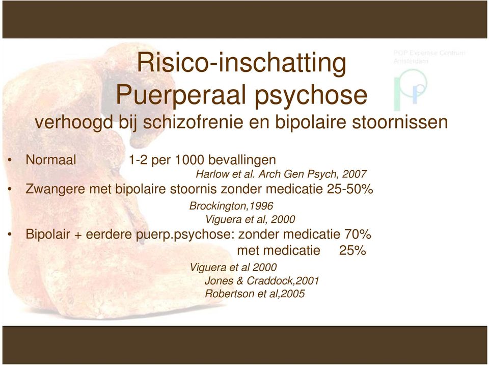 Arch Gen Psych, 2007 Zwangere met bipolaire stoornis zonder medicatie 25-50% Brockington,1996