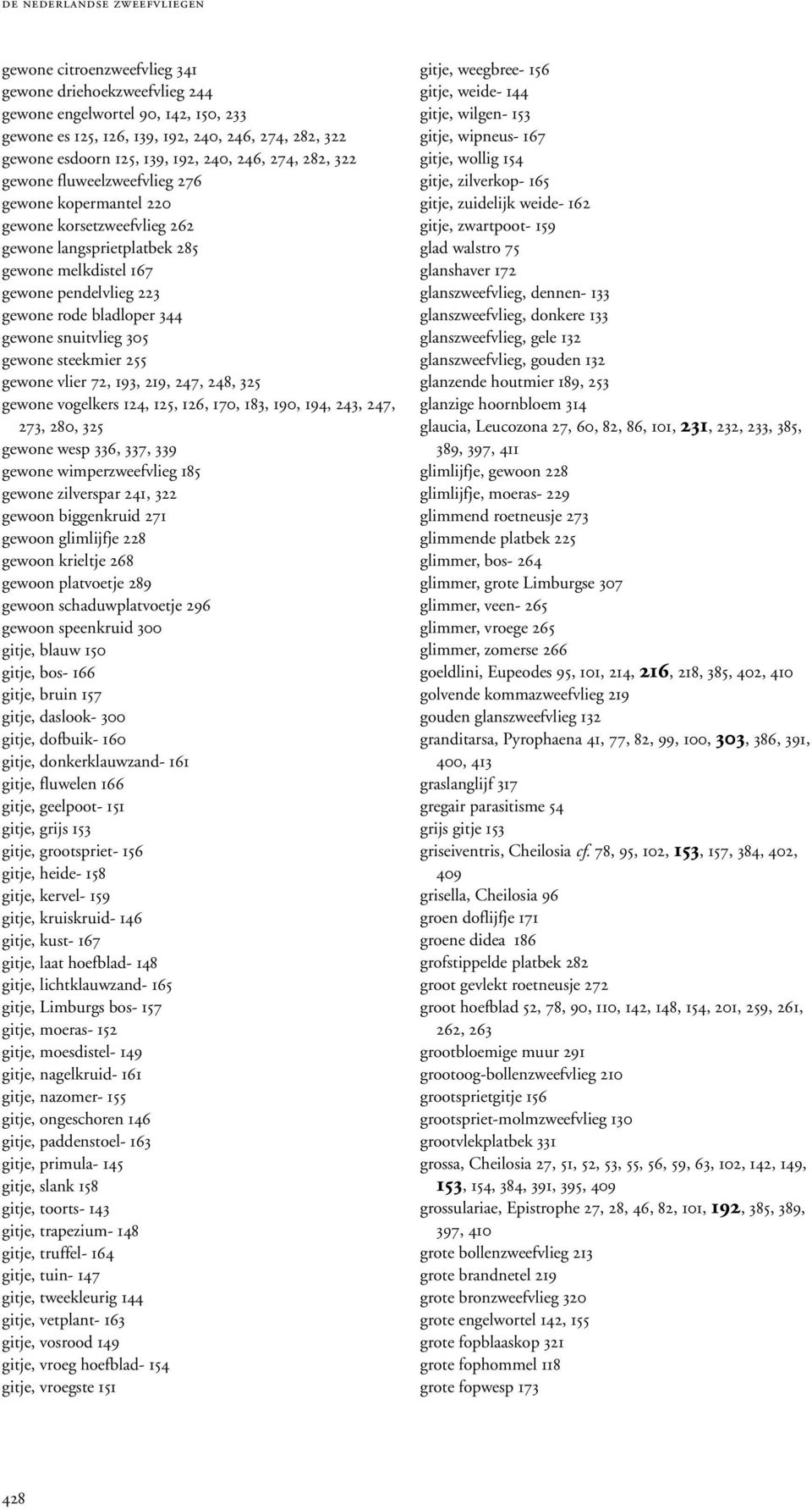 bladloper 344 gewone snuitvlieg 305 gewone steekmier 255 gewone vlier 72, 193, 219, 247, 248, 325 gewone vogelkers 124, 125, 126, 170, 183, 190, 194, 243, 247, 273, 280, 325 gewone wesp 336, 337, 339