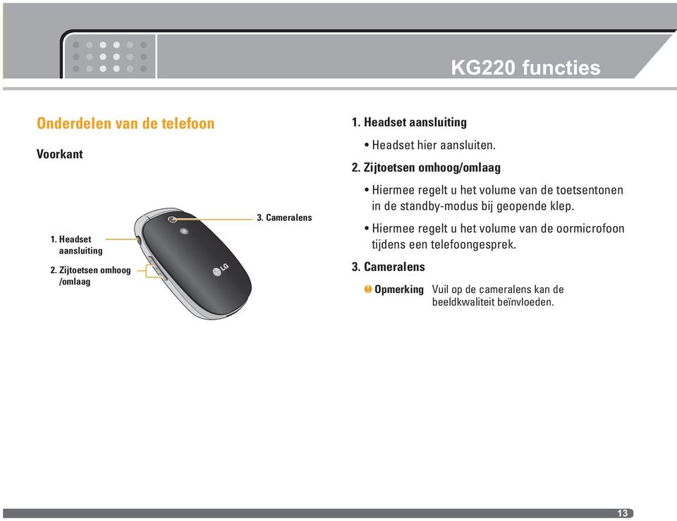 Zijtoetsen omhoog/omlaag Hiermee regelt u het volume van de toetsentonen in de standby-modus bij geopende klep.