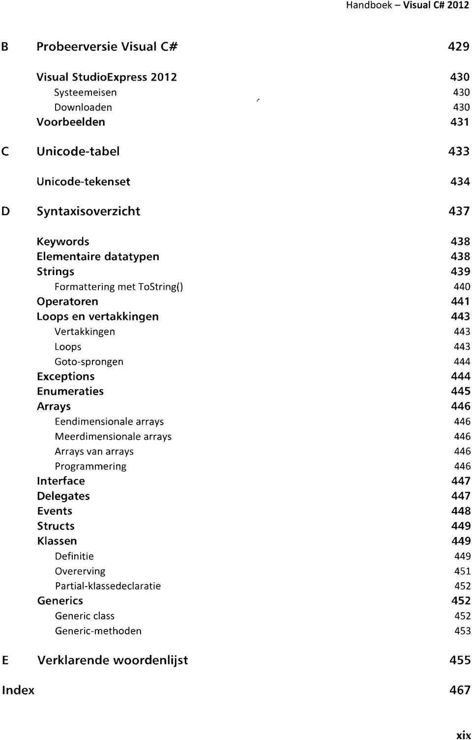 Goto-sprongen 444 Exceptions 444 Enumeraties 445 Arrays 446 Eendimensionale arrays 446 Meerdimensionale arrays 446 Arrays van arrays 446 Programmering 446 Interface 447 Delegates