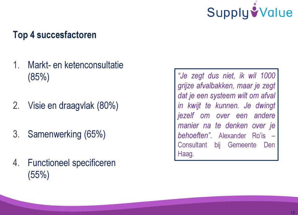 Functioneel specificeren (55%) Je zegt dus niet, ik wil 1000 grijze afvalbakken, maar je zegt