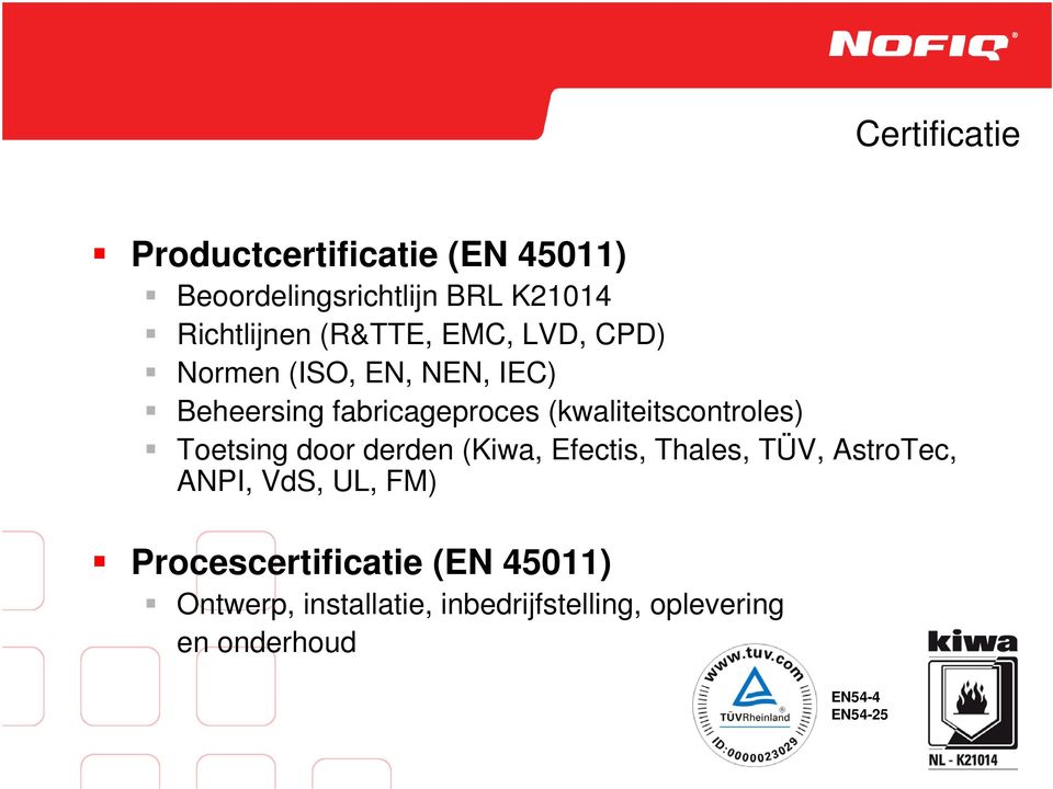 (kwaliteitscontroles) Toetsing door derden (Kiwa, Efectis, Thales, TÜV, AstroTec, ANPI, VdS,