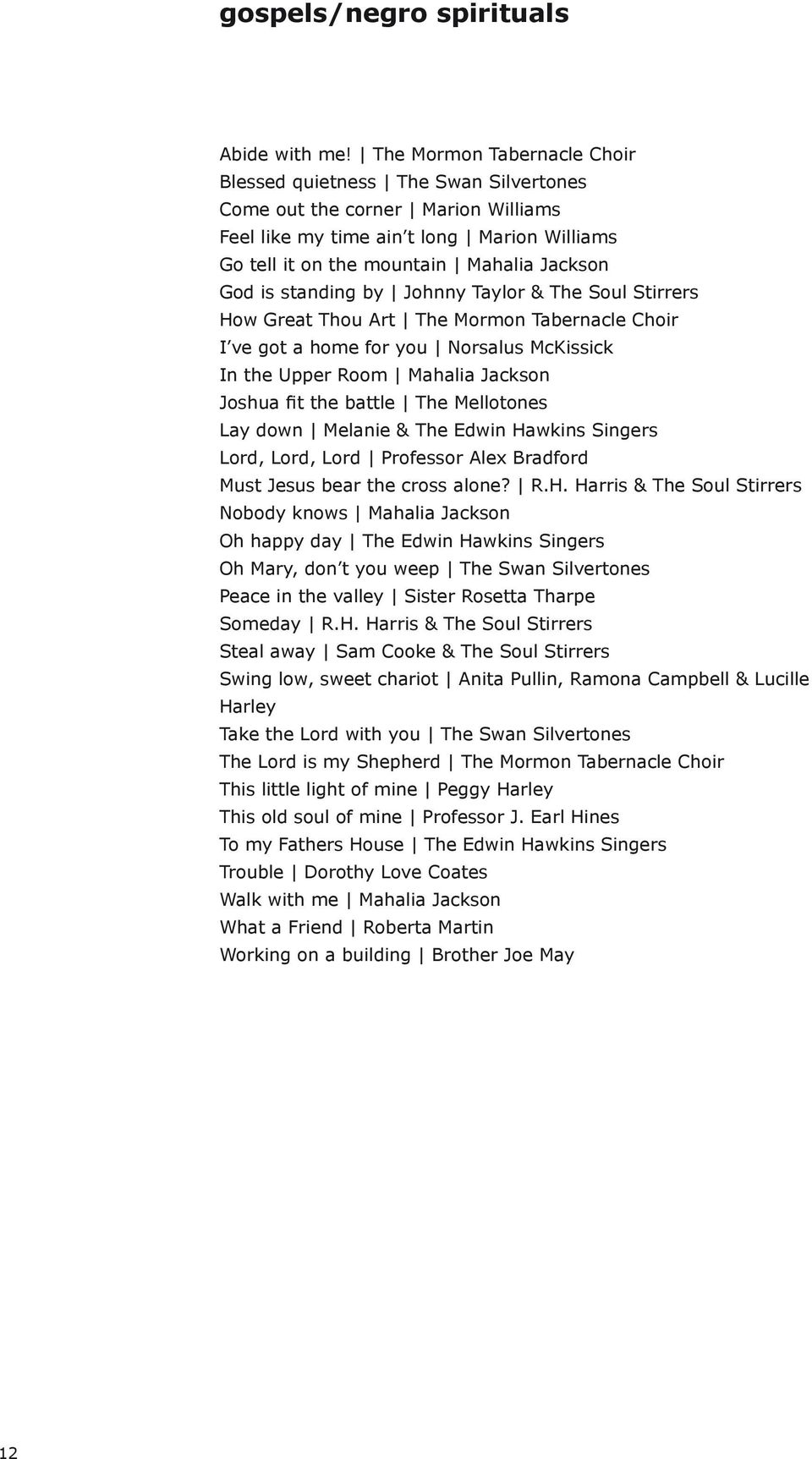 standing by Johnny Taylor & The Soul Stirrers How Great Thou Art The Mormon Tabernacle Choir I ve got a home for you Norsalus McKissick In the Upper Room Mahalia Jackson Joshua fit the battle The