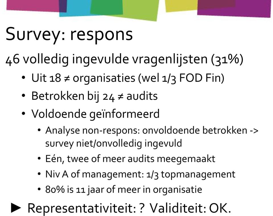 betrokken -> survey niet/onvolledig ingevuld Eén, twee of meer audits meegemaakt Niv A of