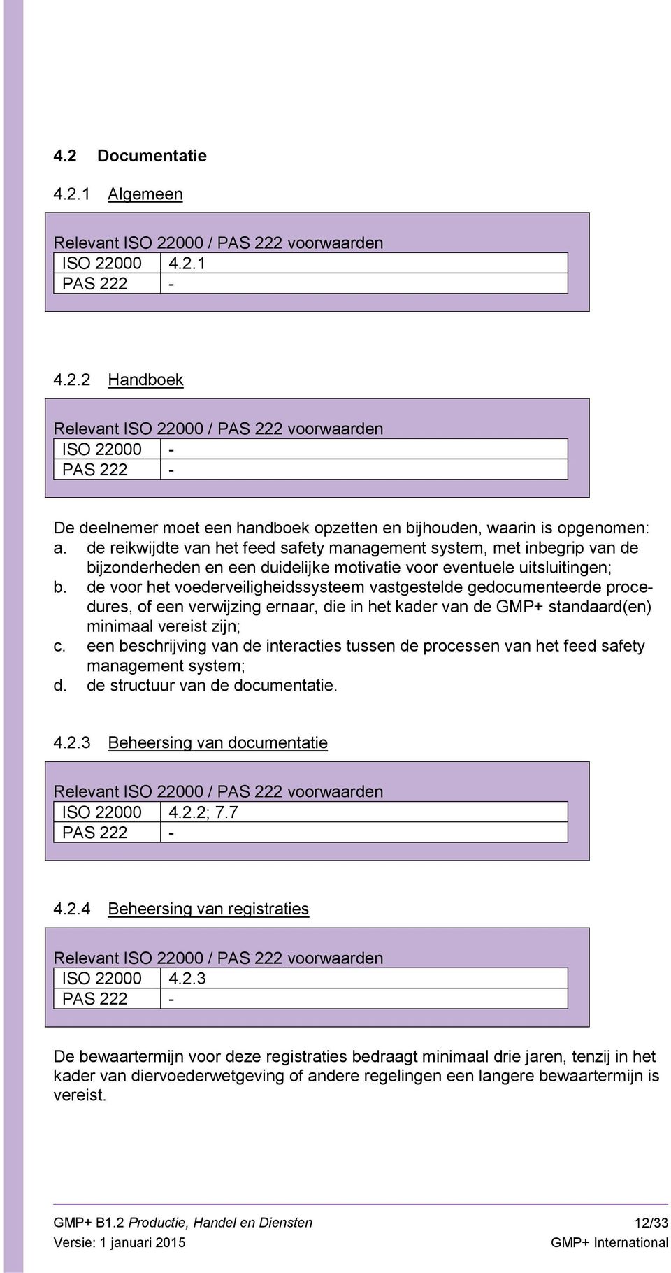 de voor het voederveiligheidssysteem vastgestelde gedocumenteerde procedures, of een verwijzing ernaar, die in het kader van de GMP+ standaard(en) minimaal vereist zijn; c.