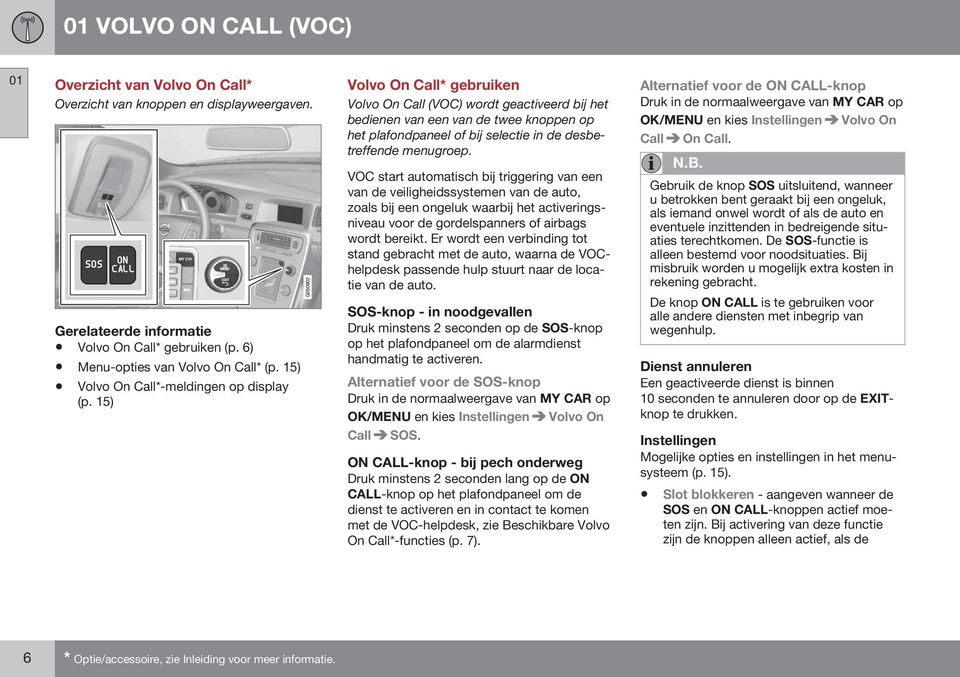 15) Volvo On Call* gebruiken Volvo On Call (VOC) wordt geactiveerd bij het bedienen van een van de twee knoppen op het plafondpaneel of bij selectie in de desbetreffende menugroep.