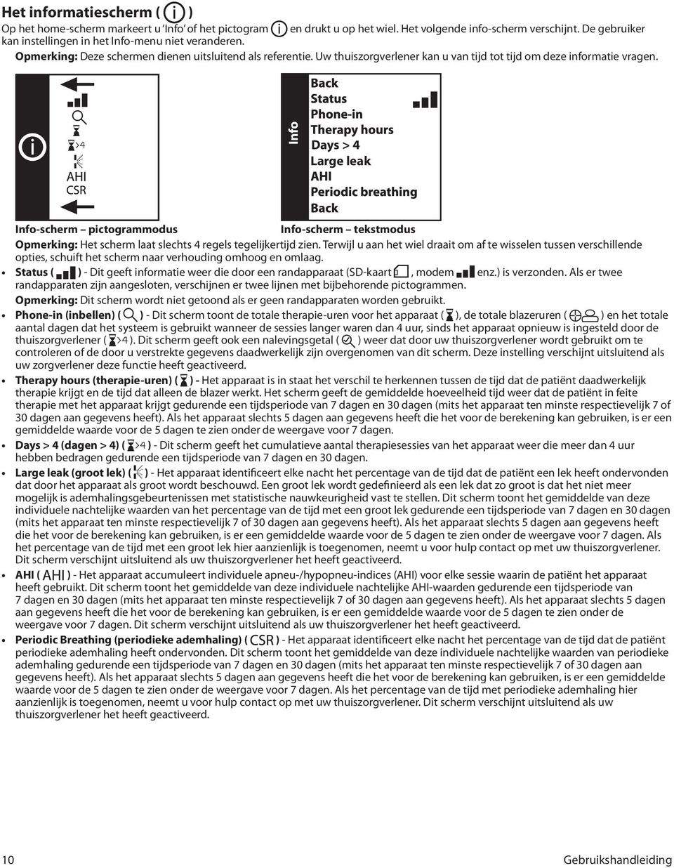 Days > 4 Large leak Info-scherm pictogrammodus Info-scherm tekstmodus Opmerking: Het scherm laat slechts 4 regels tegelijkertijd zien.