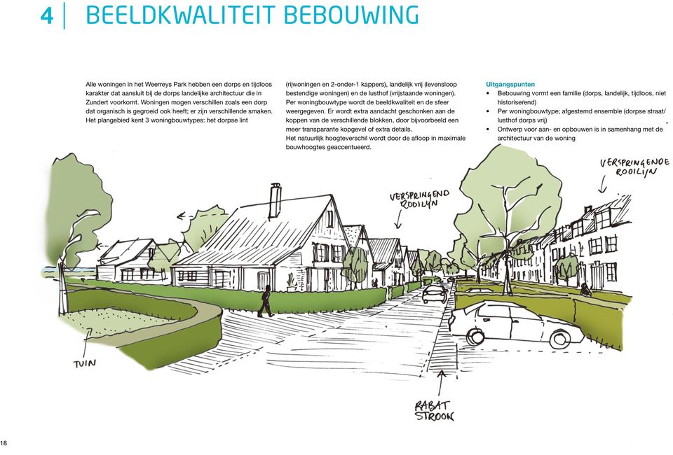 Het plangebied kent 3 woningbouwtypes: het dorpse lint (rijwoningen en 2-onder-1 kappers), landelijk vrij (levensloop bestendige woningen) en de lusthof (vrijstaande woningen).