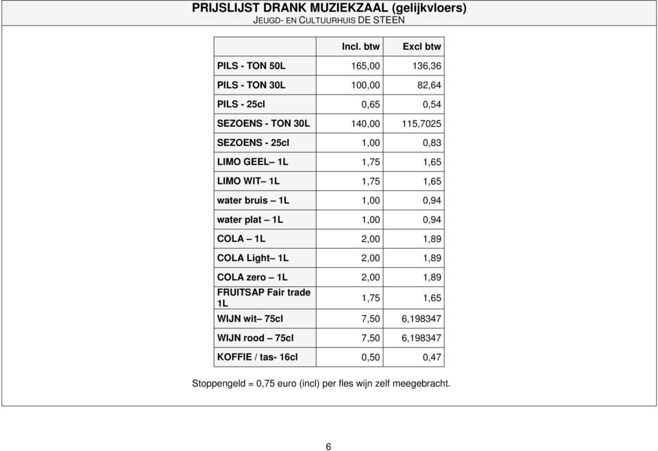 1,00 0,83 LIMO GEEL 1L 1,75 1,65 LIMO WIT 1L 1,75 1,65 water bruis 1L 1,00 0,94 water plat 1L 1,00 0,94 COLA 1L 2,00 1,89 COLA Light 1L 2,00
