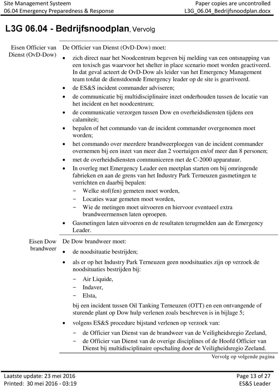 de ES&S incident commander adviseren; de communicatie bij multidisciplinaire inzet onderhouden tussen de locatie van het incident en het noodcentrum; de communicatie verzorgen tussen Dow en