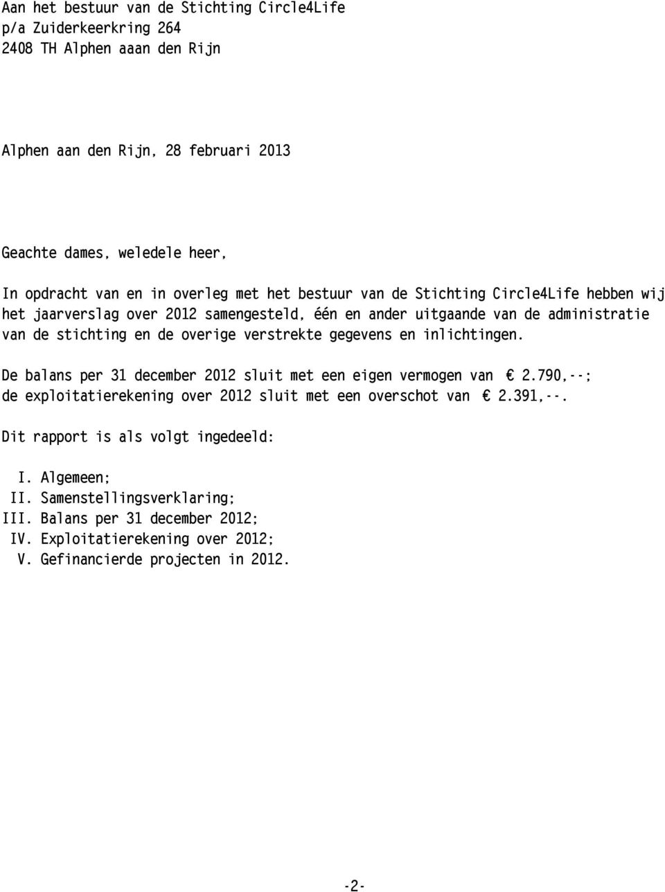 overige verstrekte gegevens en inlichtingen. De balans per 31 december 2012 sluit met een eigen vermogen van 2.790,--; de exploitatierekening over 2012 sluit met een overschot van 2.