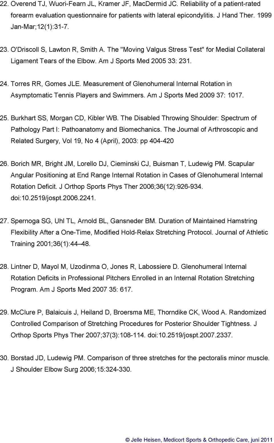 Measurement of Glenohumeral Internal Rotation in Asymptomatic Tennis Players and Swimmers. Am J Sports Med 2009 37: 1017. 25. Burkhart SS, Morgan CD, Kibler WB.